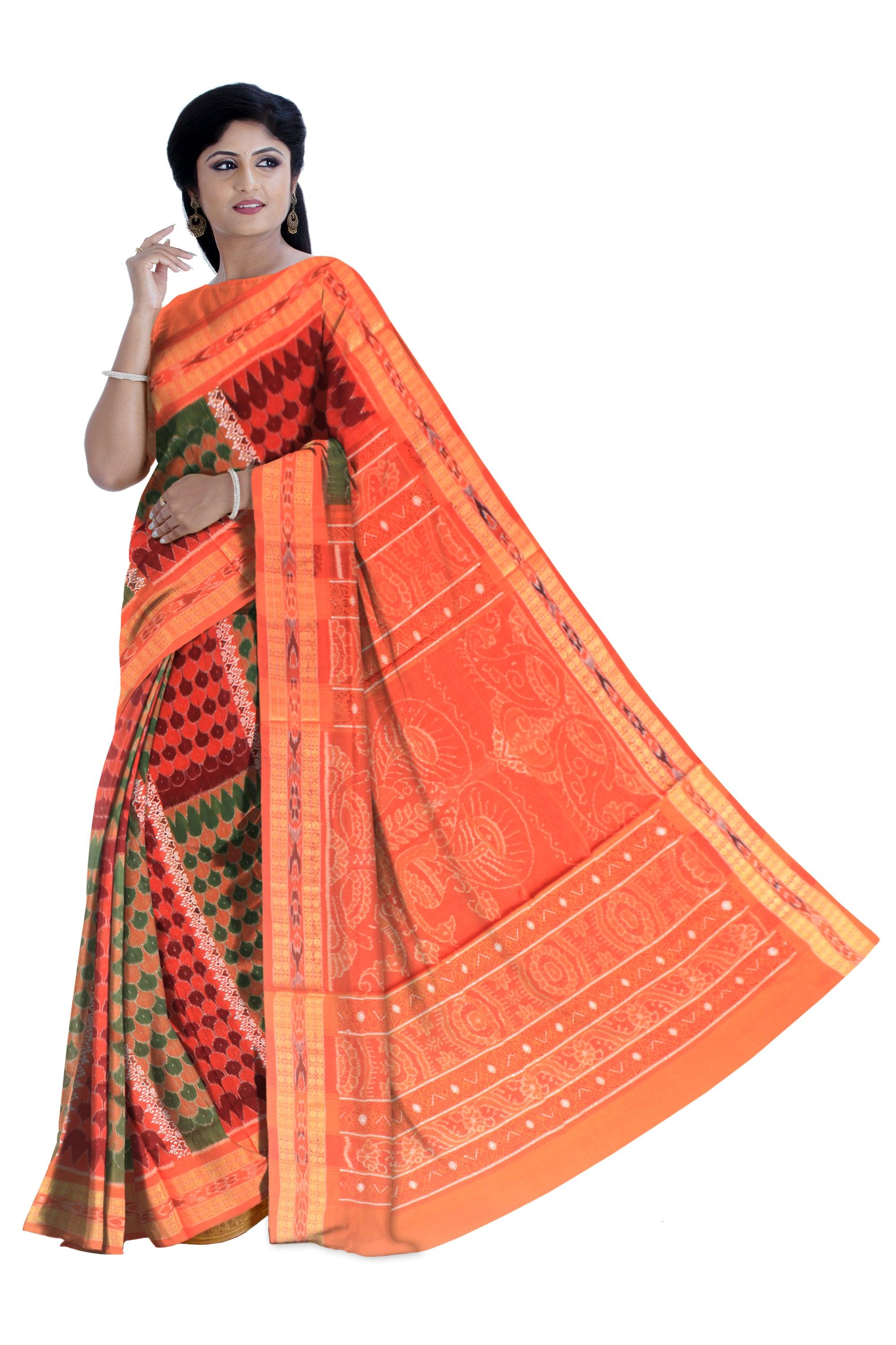 A Sambalpuri cotton  Saree in Orange color body leaf design and  ikat Border with blouse piece. - Koshali Arts & Crafts Enterprise