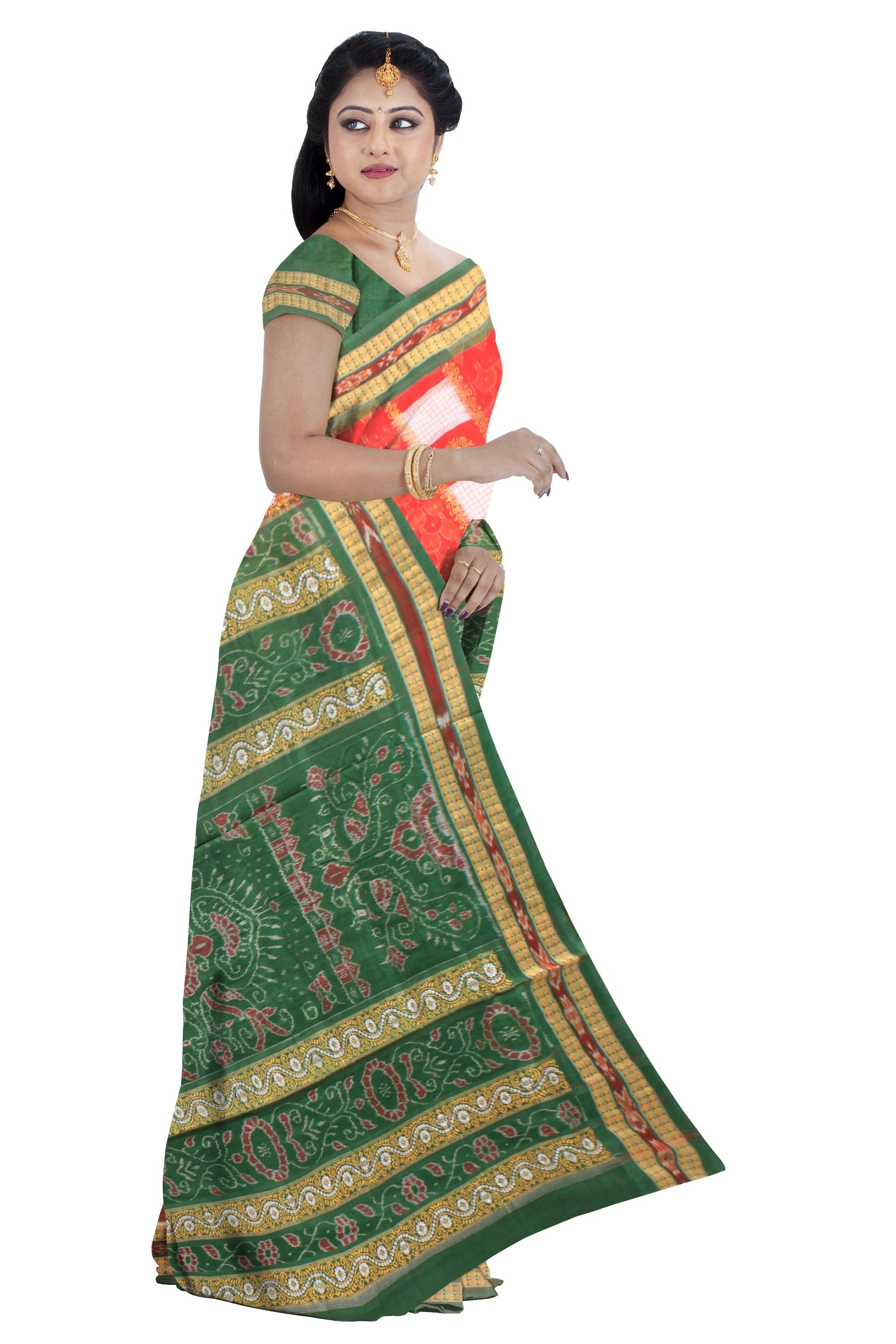 Sambalpuri cotton saree in Orange and Green color with blouse piece. - Koshali Arts & Crafts Enterprise