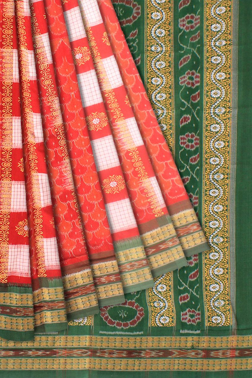 Sambalpuri cotton saree in Orange and Green color with blouse piece. - Koshali Arts & Crafts Enterprise