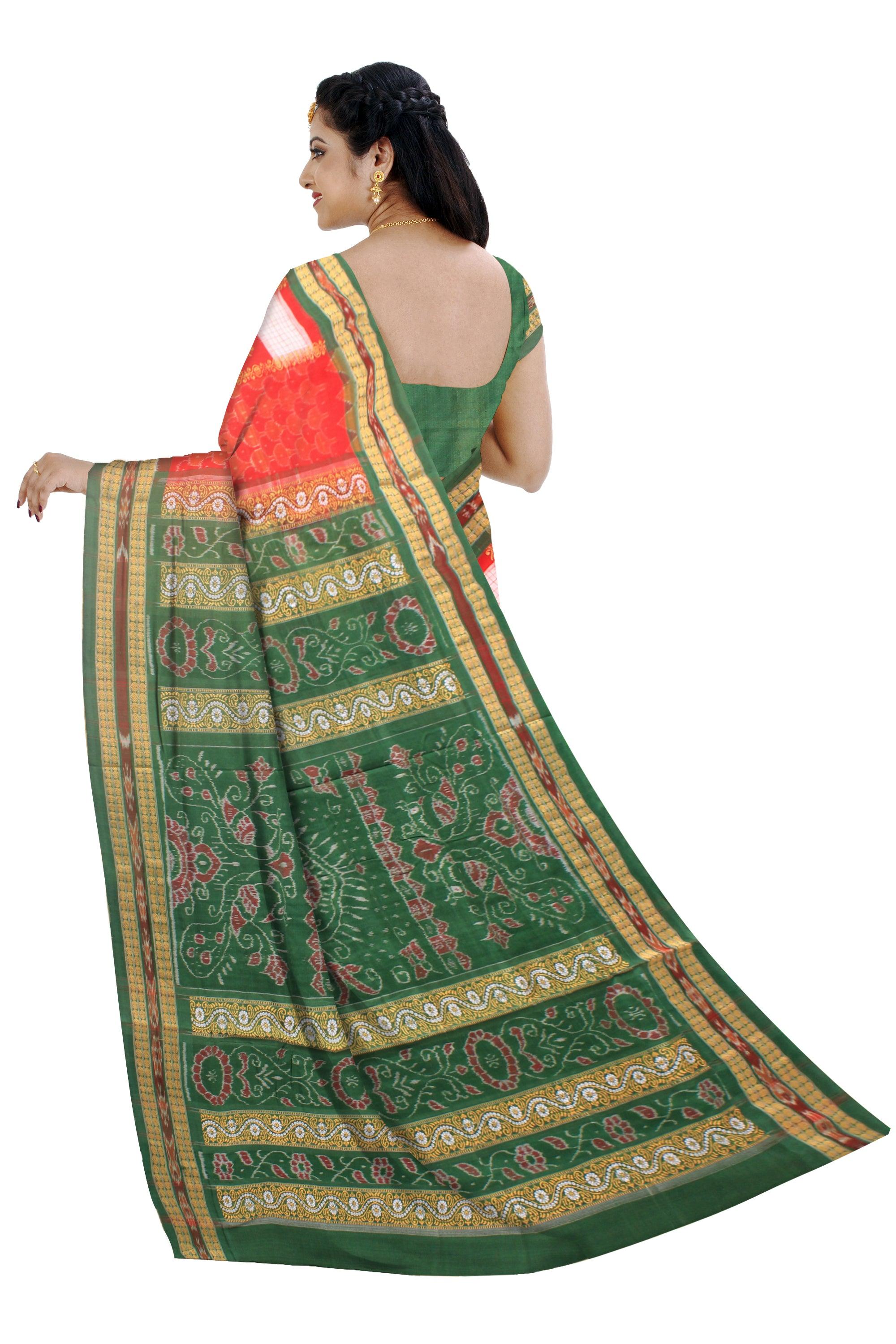 Sambalpuri cotton saree in Orange and Green color with blouse piece. - Koshali Arts & Crafts Enterprise