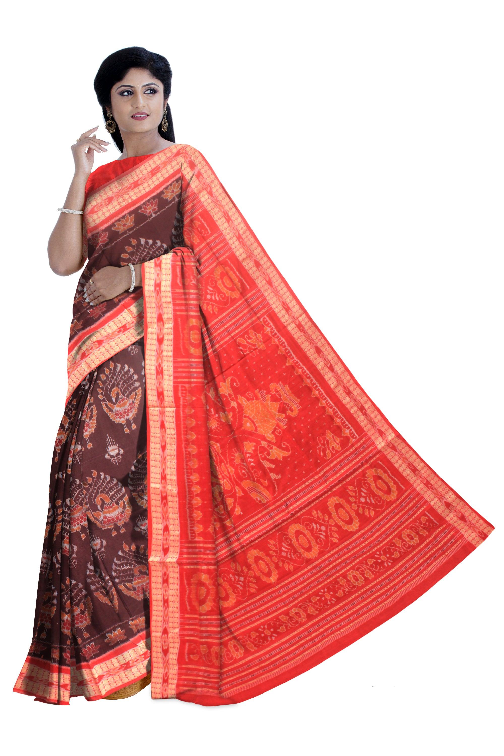 Authentic Cotton  saree in Maroon color, peacock design   With blouse piece. - Koshali Arts & Crafts Enterprise