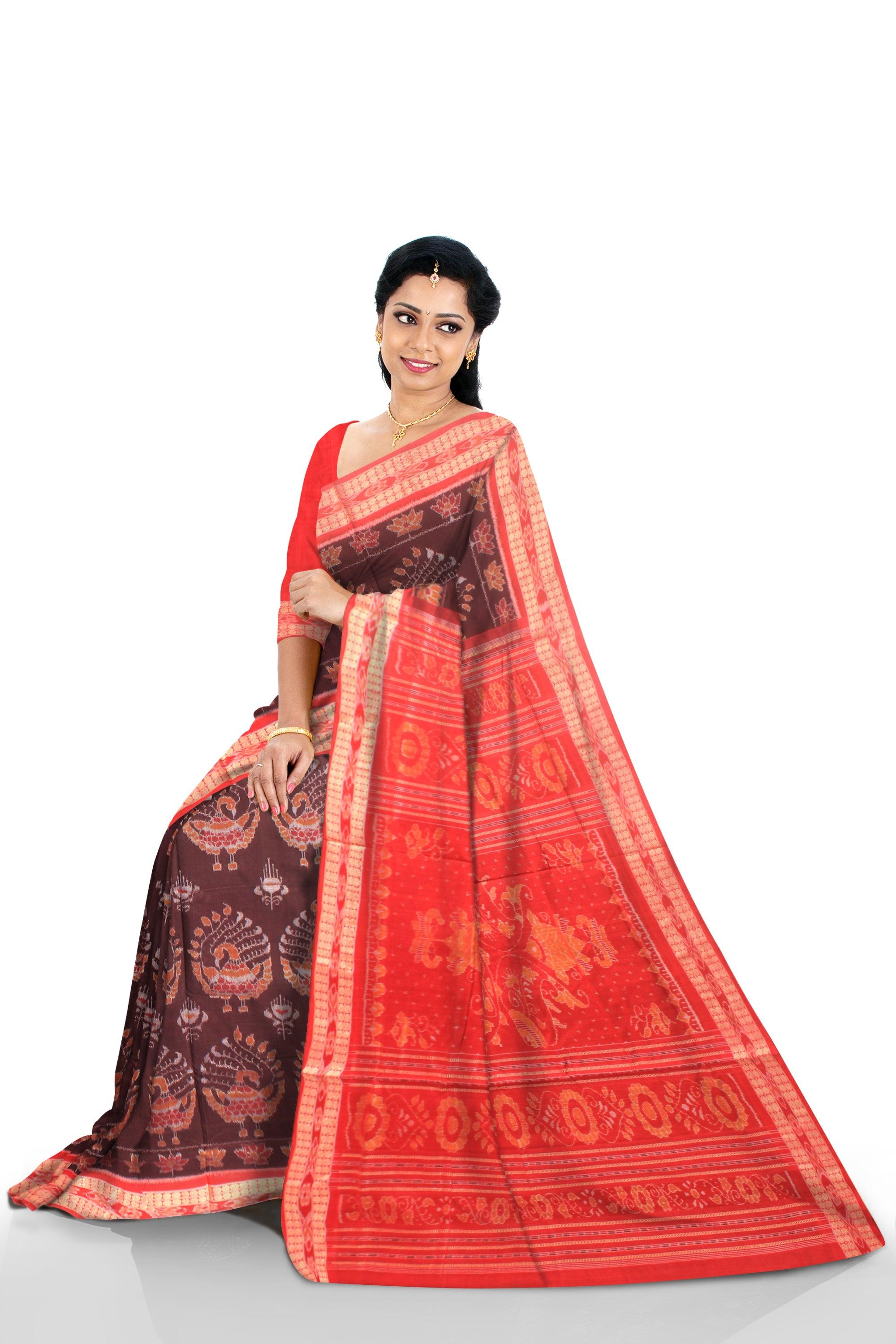 Authentic Cotton  saree in Maroon color, peacock design   With blouse piece. - Koshali Arts & Crafts Enterprise