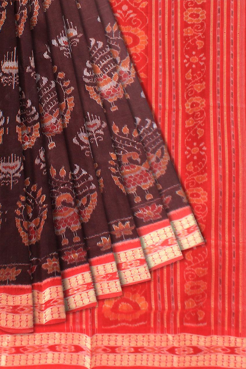 Authentic Cotton  saree in Maroon color, peacock design   With blouse piece. - Koshali Arts & Crafts Enterprise