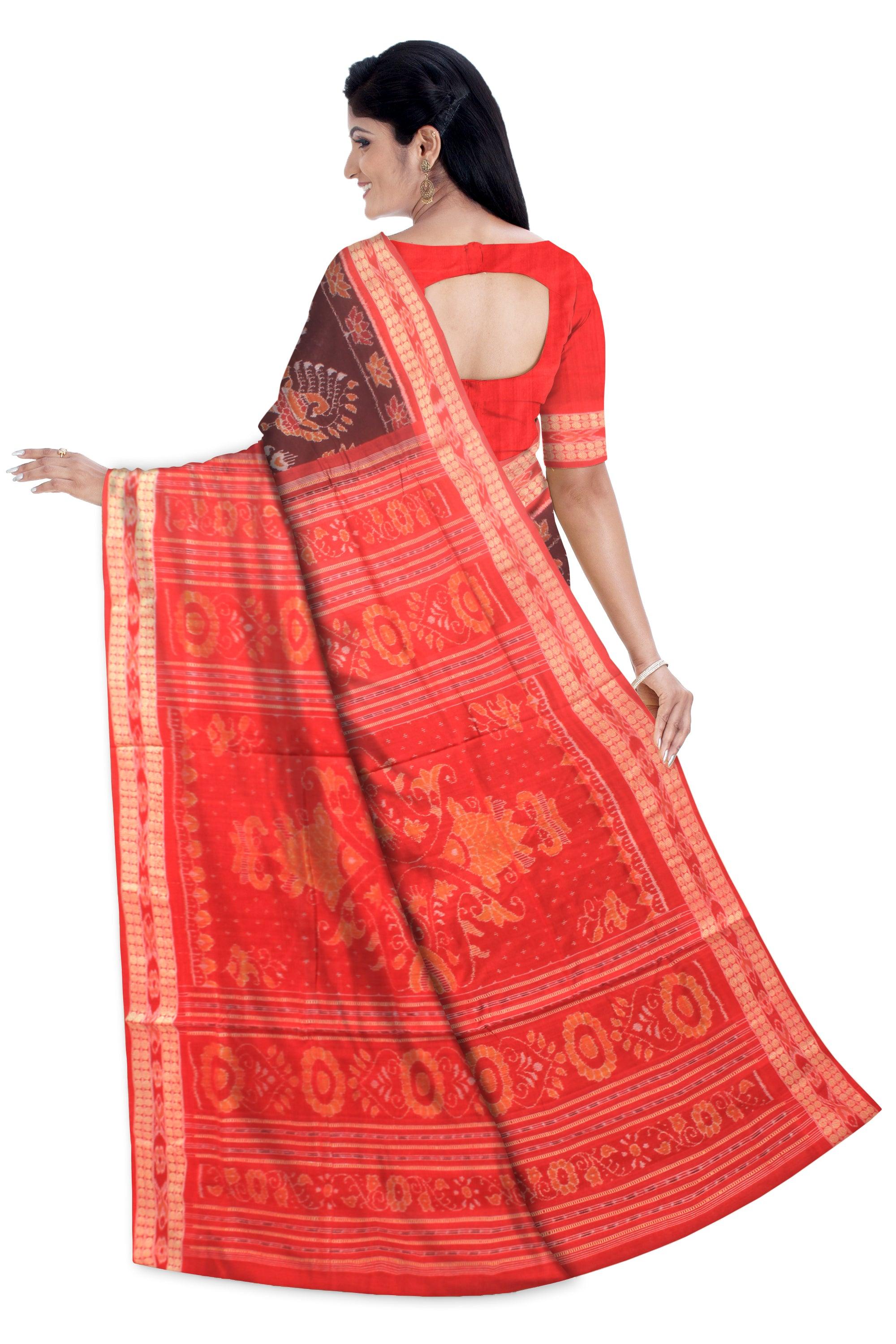 Authentic Cotton  saree in Maroon color, peacock design   With blouse piece. - Koshali Arts & Crafts Enterprise