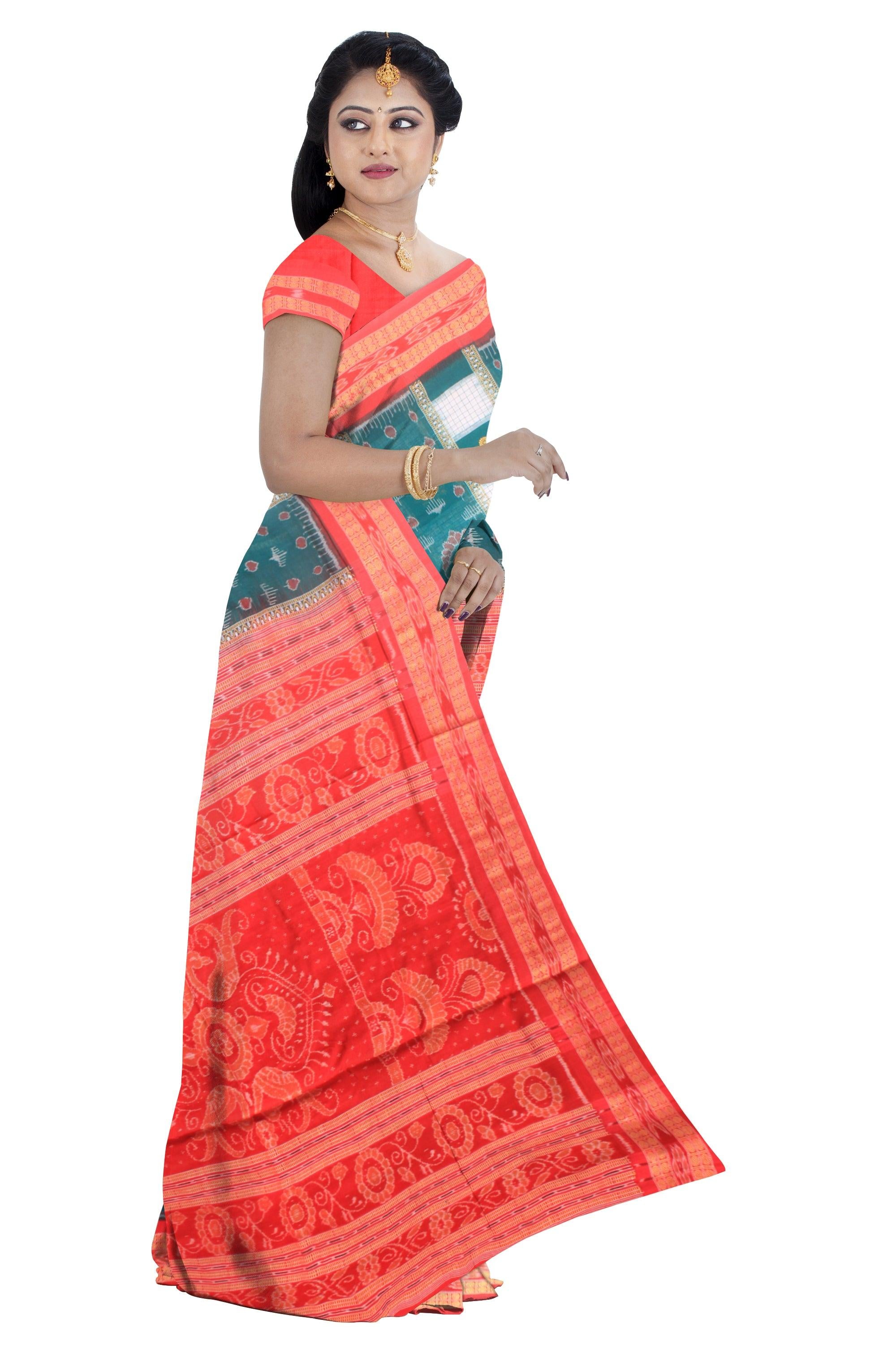 Sambalpuri Cotton Saree in Dark blue and white Color in box  design with blouse piece. - Koshali Arts & Crafts Enterprise