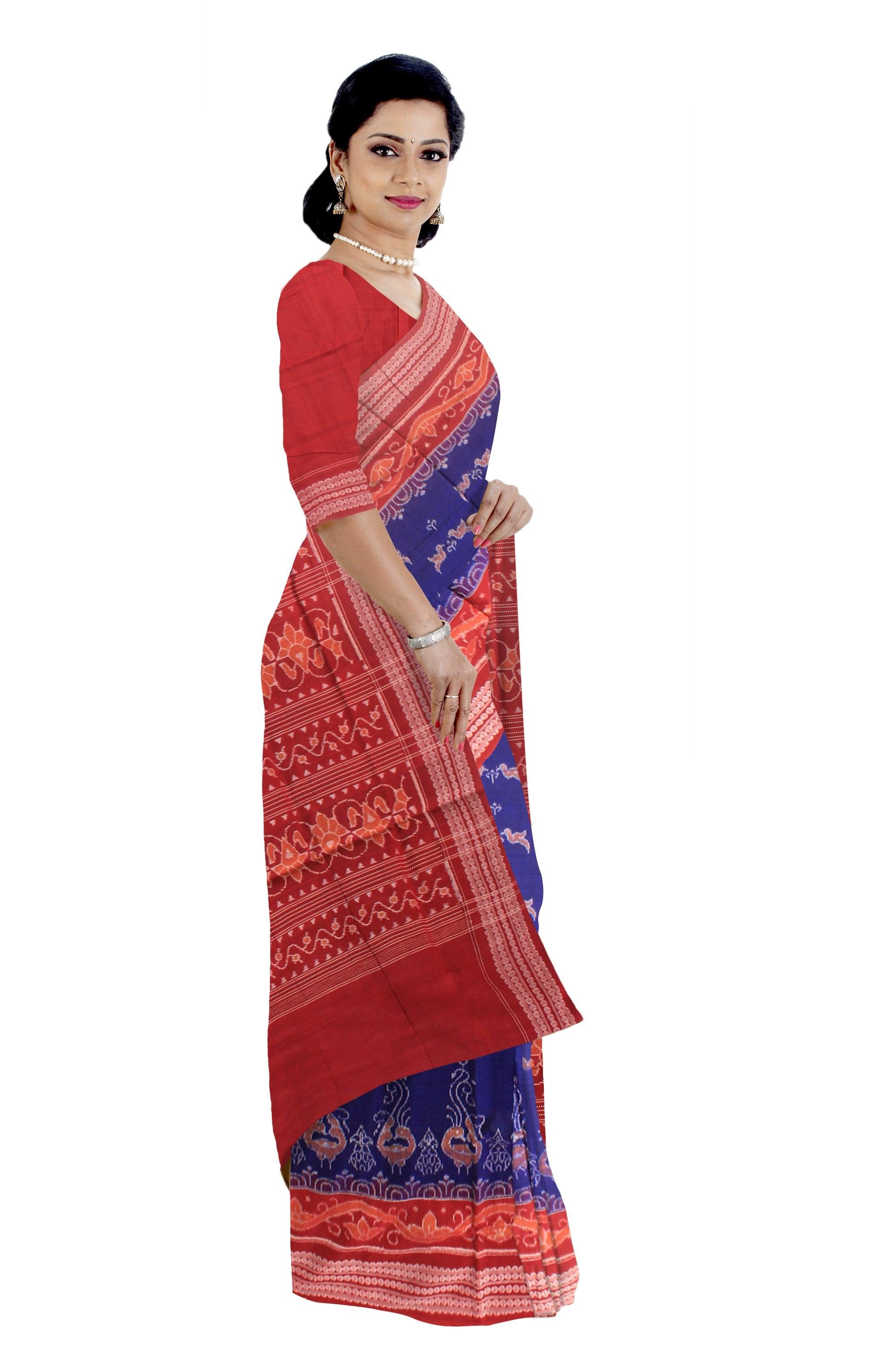 Dark blue color Sambalpuri Cotton  saree in bird patten design with blouse piece. - Koshali Arts & Crafts Enterprise
