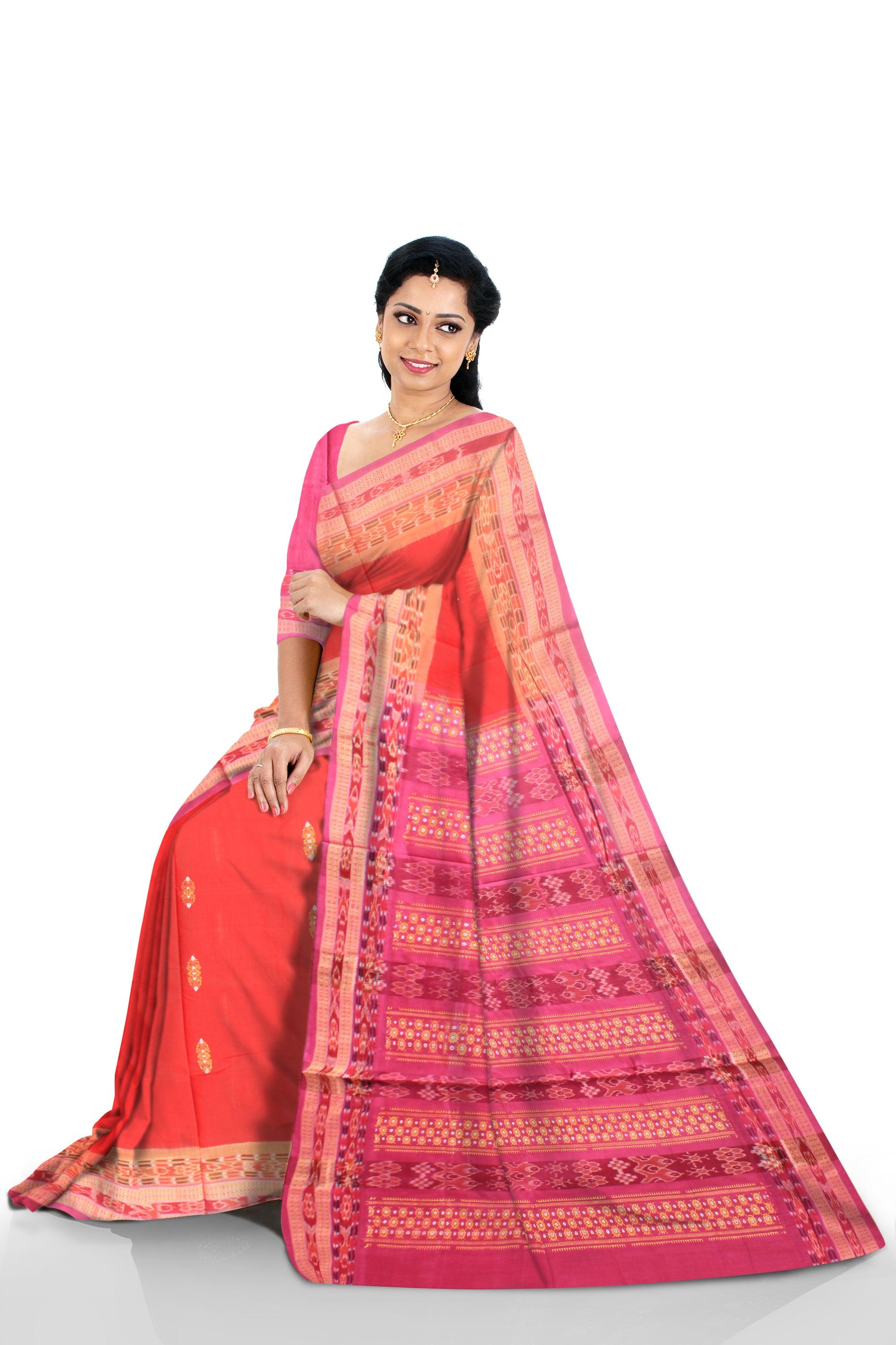 Auhentic Sambalpuri Cotton  saree in Red color bamkei design,   With blouse piece. - Koshali Arts & Crafts Enterprise