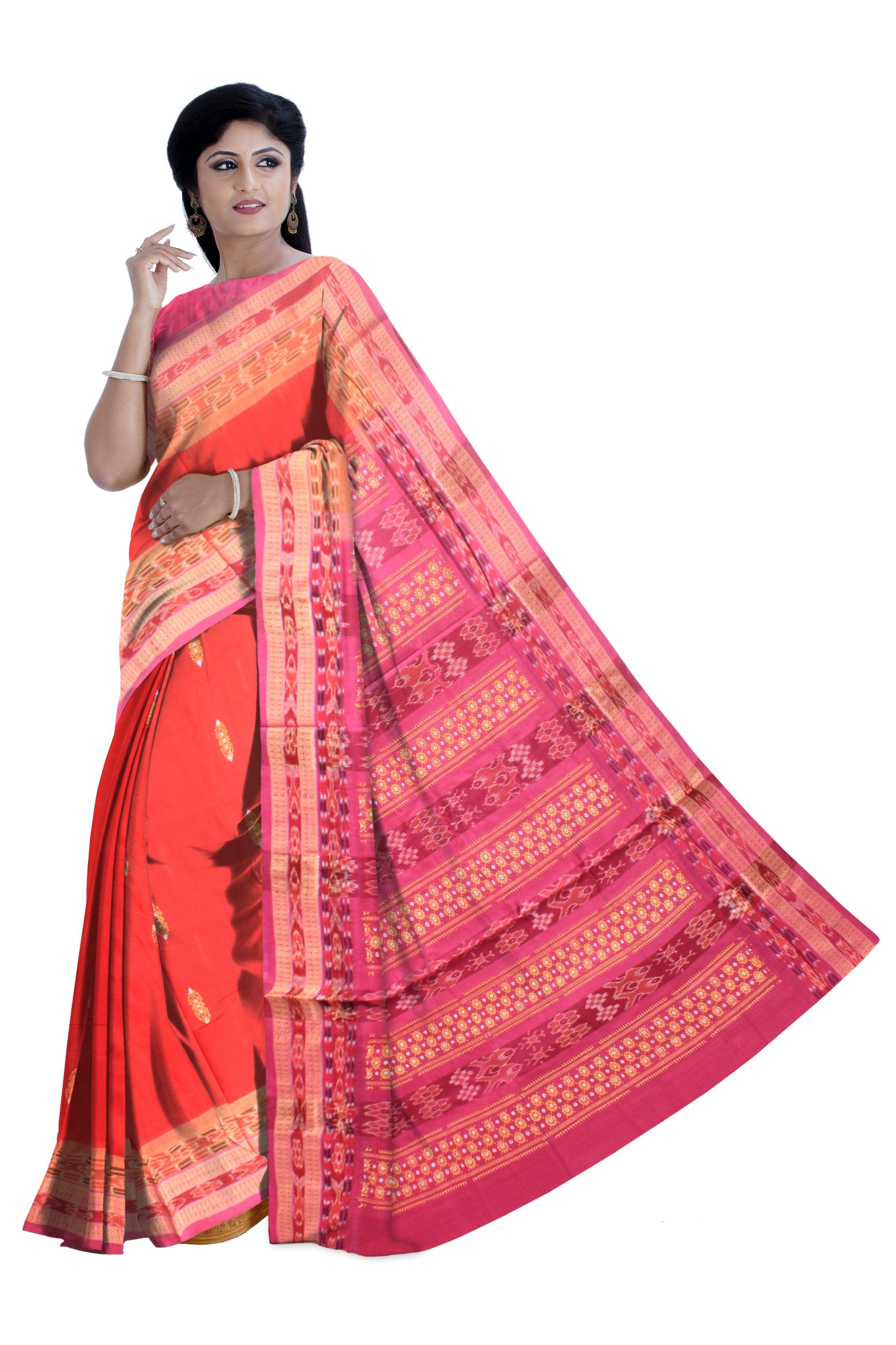 Auhentic Sambalpuri Cotton  saree in Red color bamkei design,   With blouse piece. - Koshali Arts & Crafts Enterprise