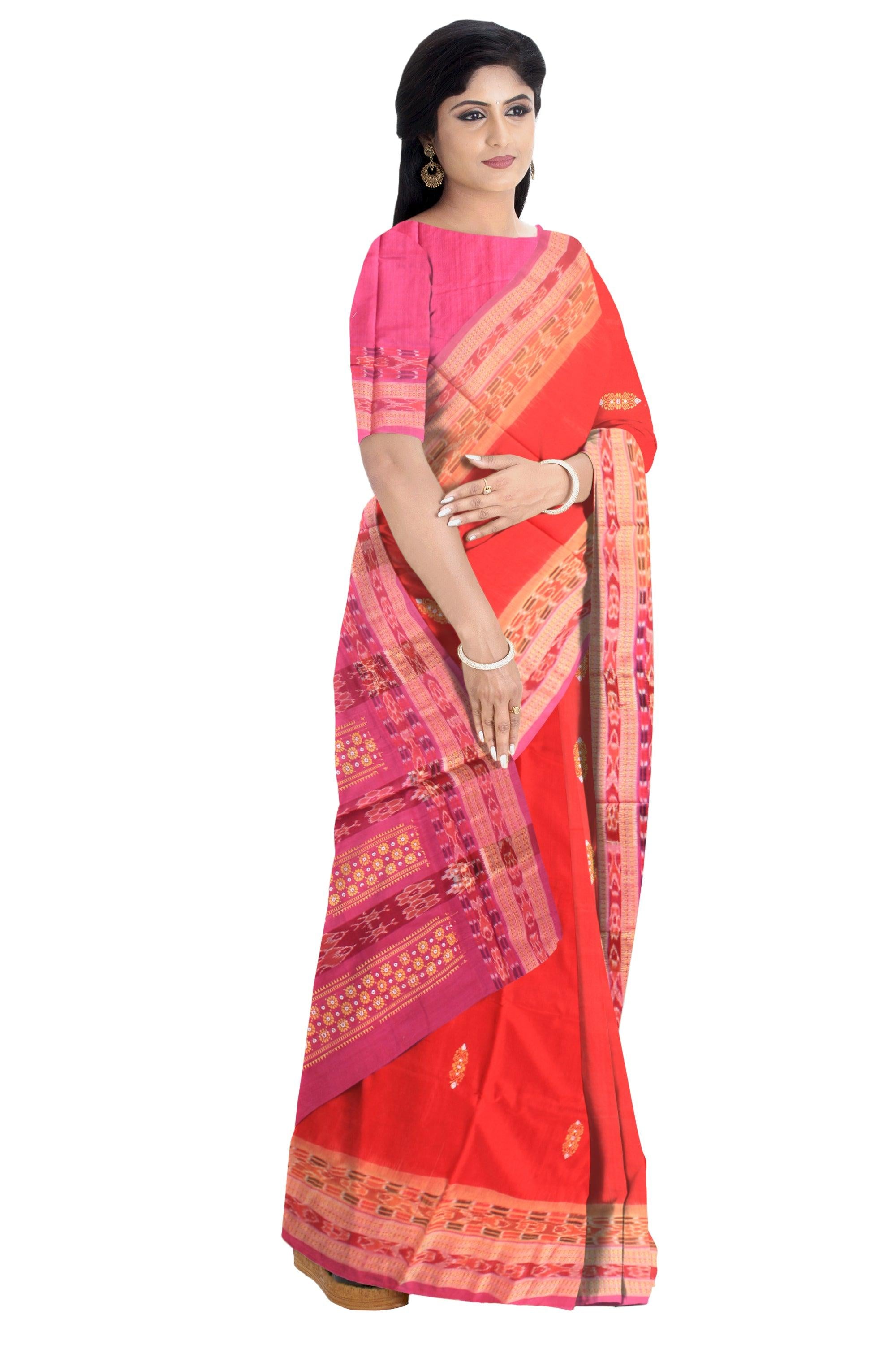 Auhentic Sambalpuri Cotton  saree in Red color bamkei design,   With blouse piece. - Koshali Arts & Crafts Enterprise