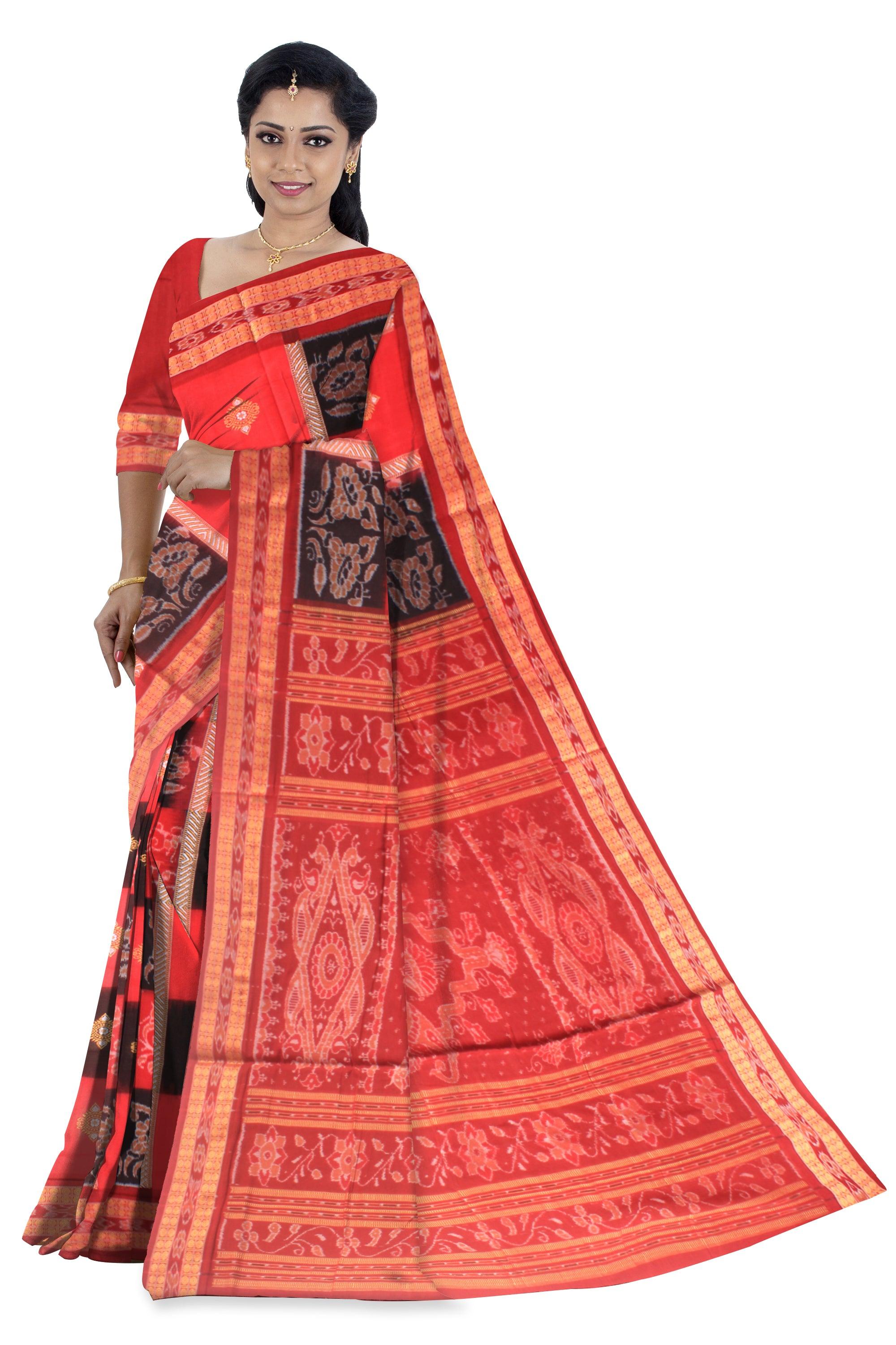 Sambalpuri Flowers pattern cotton saree in Red and Black color with blouse piece. - Koshali Arts & Crafts Enterprise