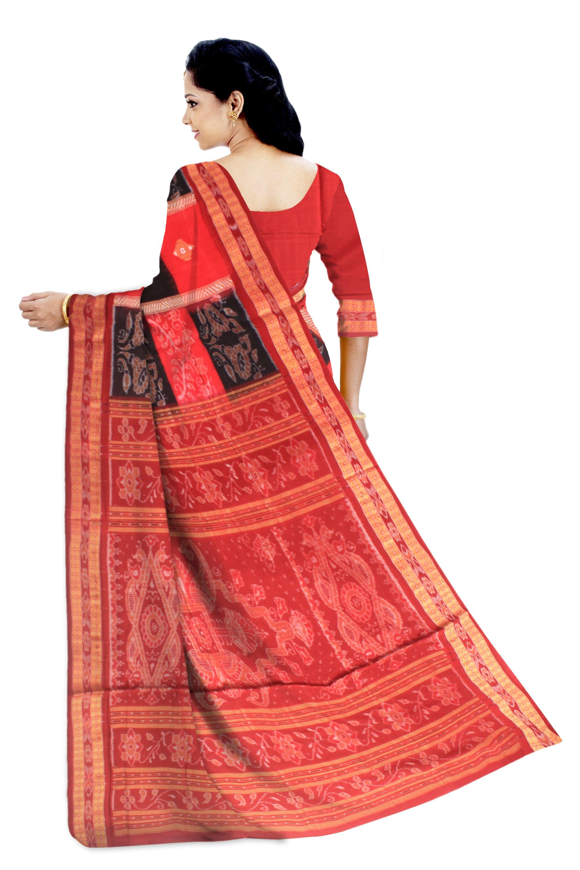 Sambalpuri Flowers pattern cotton saree in Red and Black color with blouse piece. - Koshali Arts & Crafts Enterprise