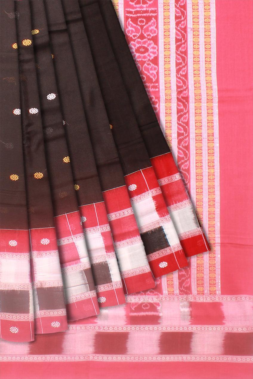 Sambalpuri cotton saree in Black color and booty design, with blouse piece. - Koshali Arts & Crafts Enterprise