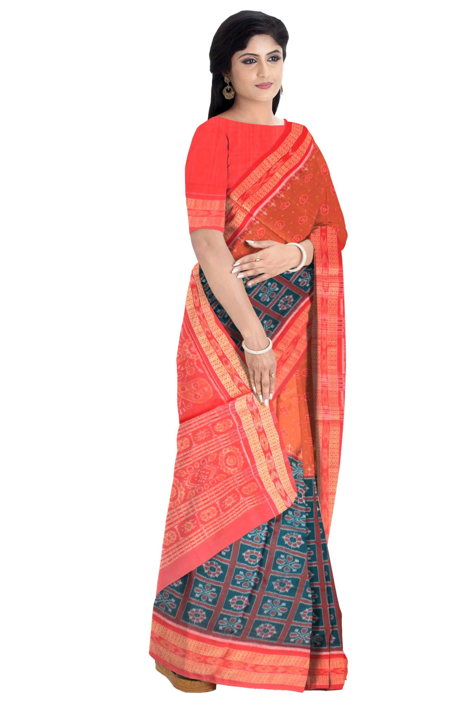 Western Odisha Sambalpuri Cotton Saree in dark Green and Orange color base - Koshali Arts & Crafts Enterprise