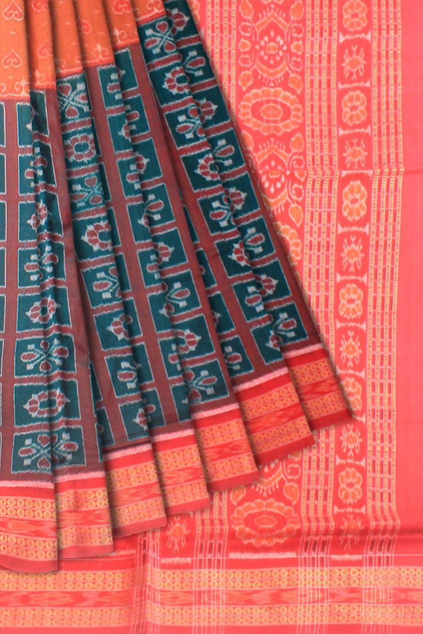 Western Odisha Sambalpuri Cotton Saree in dark Green and Orange color base - Koshali Arts & Crafts Enterprise