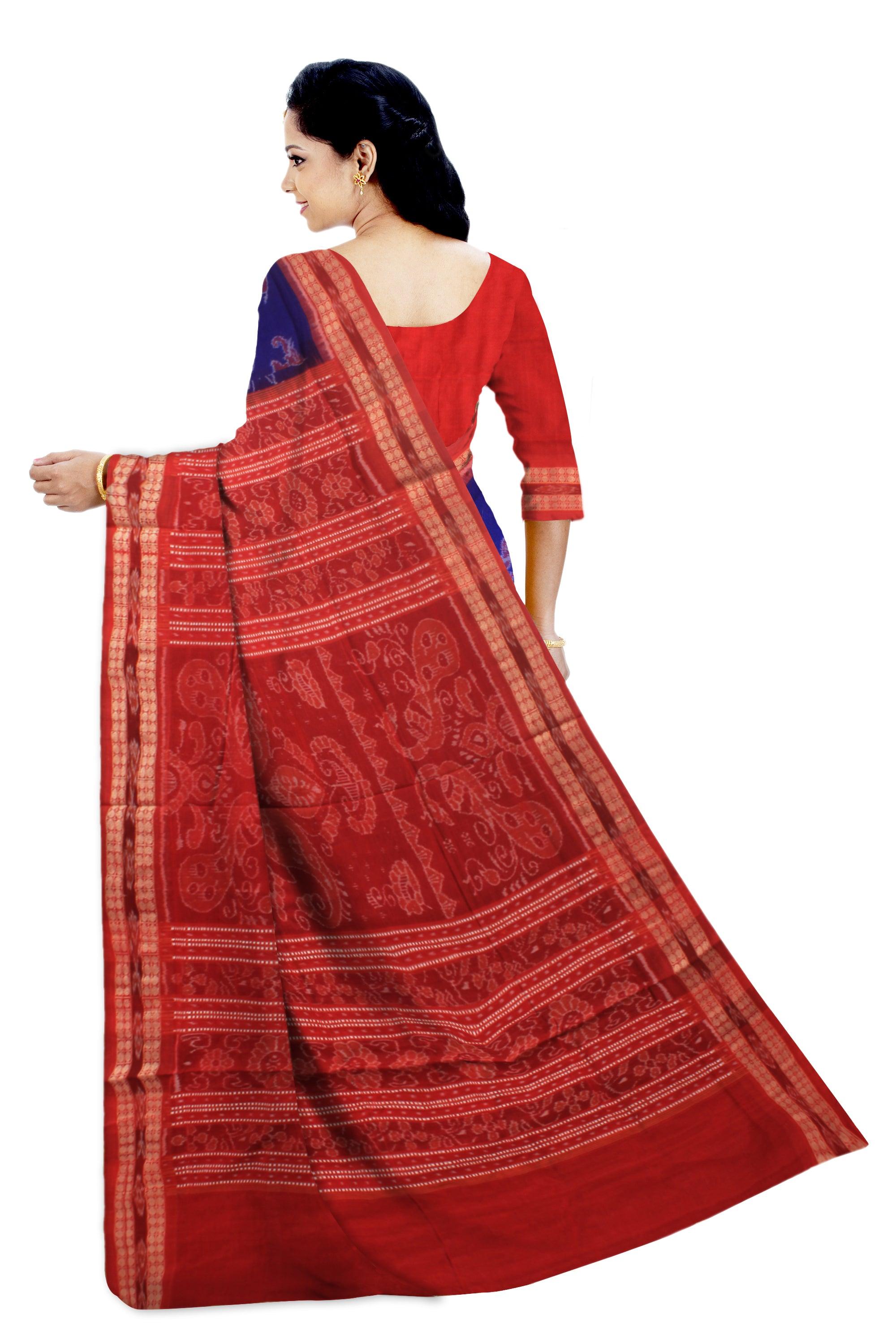 Auhentic Sambalpuri Cotton  saree in dark Red and Blue with blouse piece  Red color bamkei design, - Koshali Arts & Crafts Enterprise