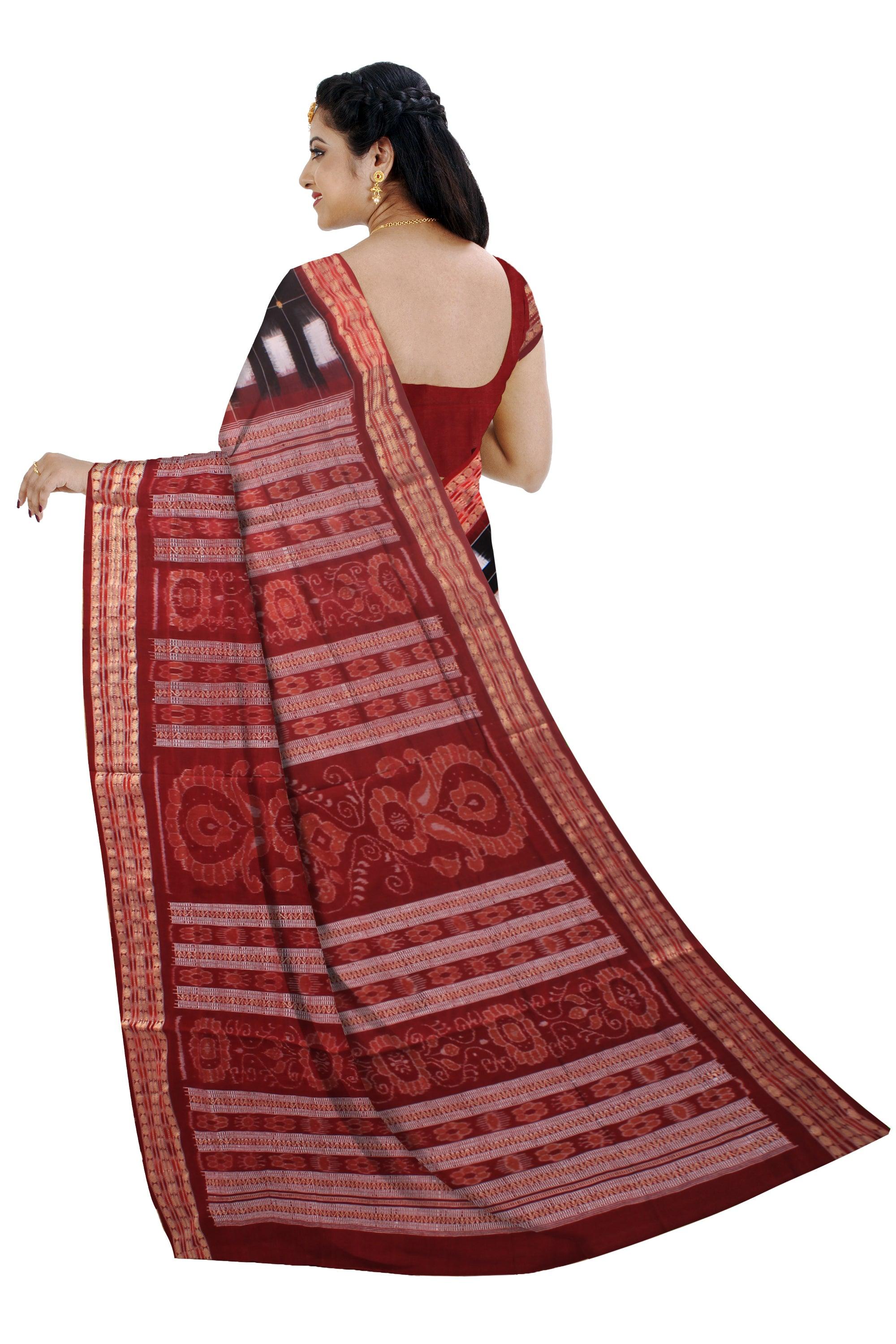 Sambalpuri saree in box pattern in black  and light brown  color cotton saree with blouse piece. - Koshali Arts & Crafts Enterprise