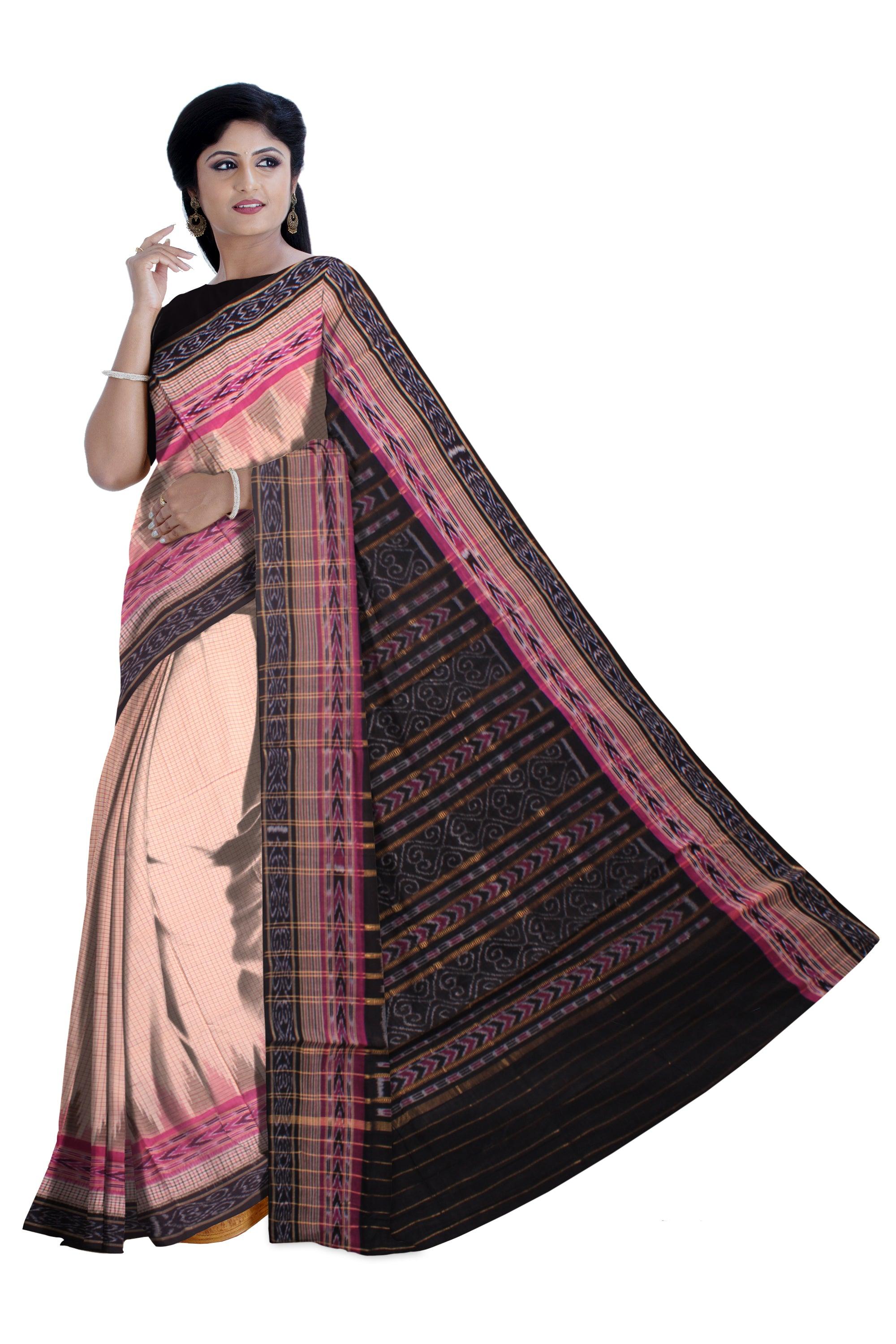 A Sambalpuri cotton saree in light Brown (Matha) and Black color plain design with blouse piece. - Koshali Arts & Crafts Enterprise