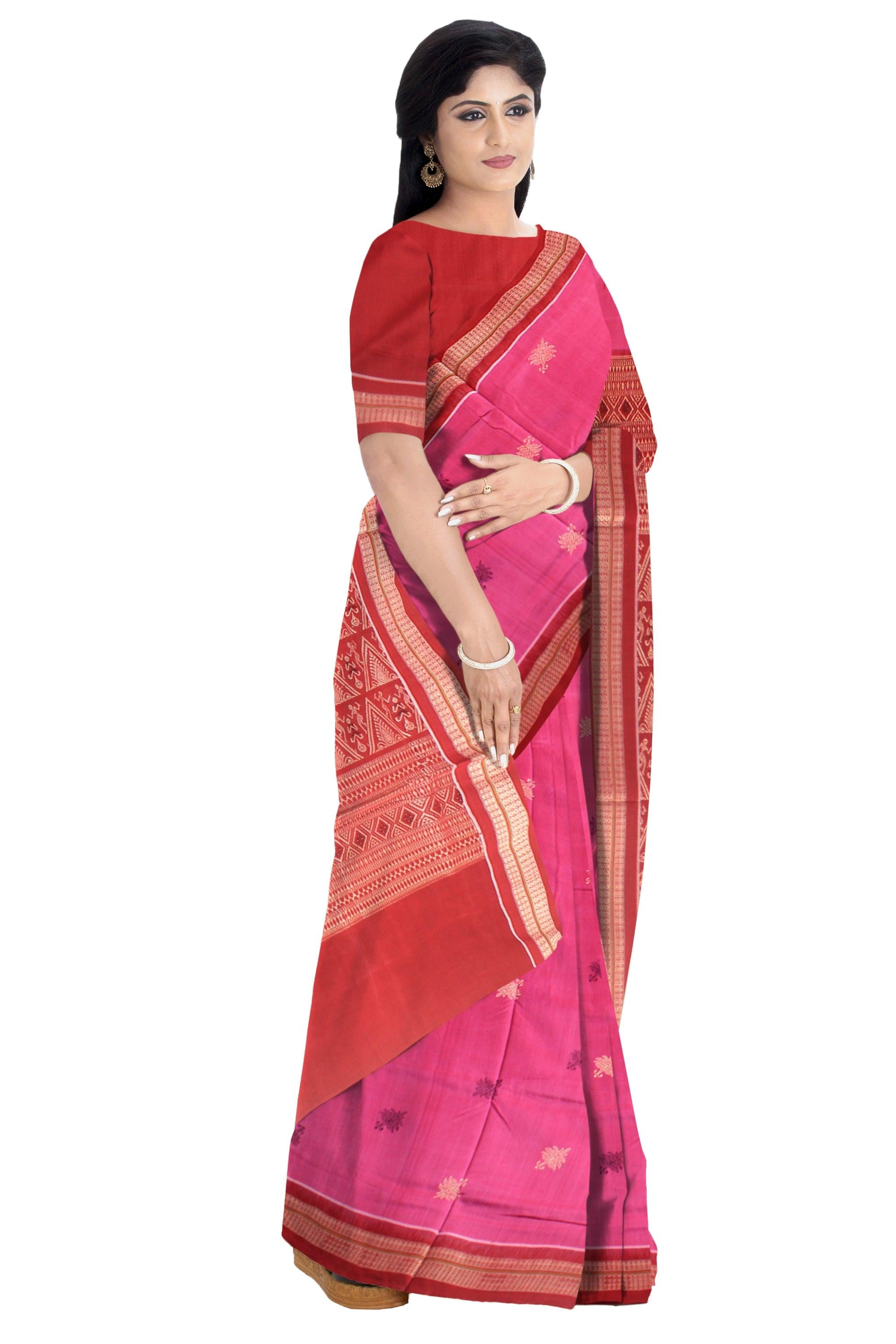 A sambalpuri Booty  work Bomkei cotton saree in pink and Red color  body with  blouse piece. - Koshali Arts & Crafts Enterprise