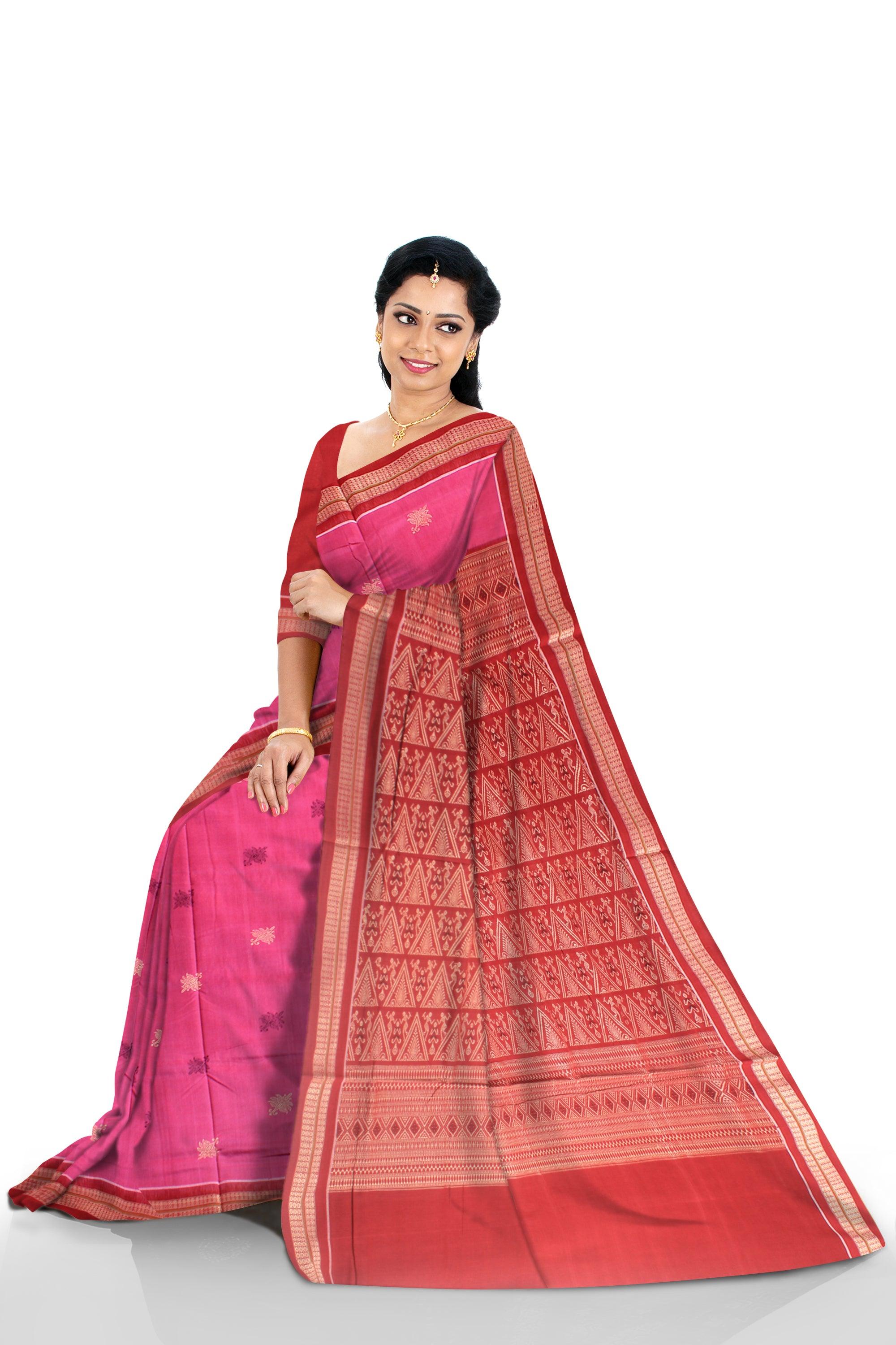 A sambalpuri Booty  work Bomkei cotton saree in pink and Red color  body with  blouse piece. - Koshali Arts & Crafts Enterprise