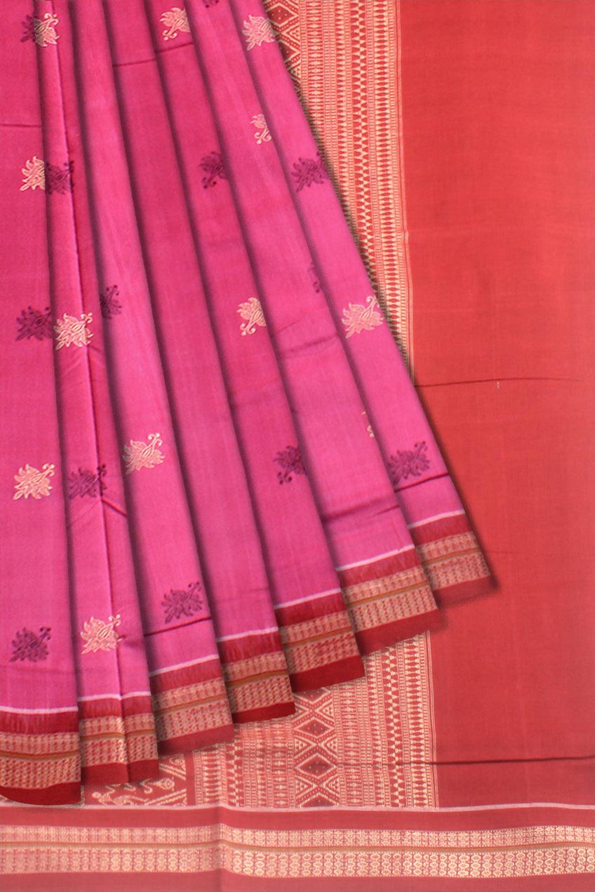 A sambalpuri Booty  work Bomkei cotton saree in pink and Red color  body with  blouse piece. - Koshali Arts & Crafts Enterprise