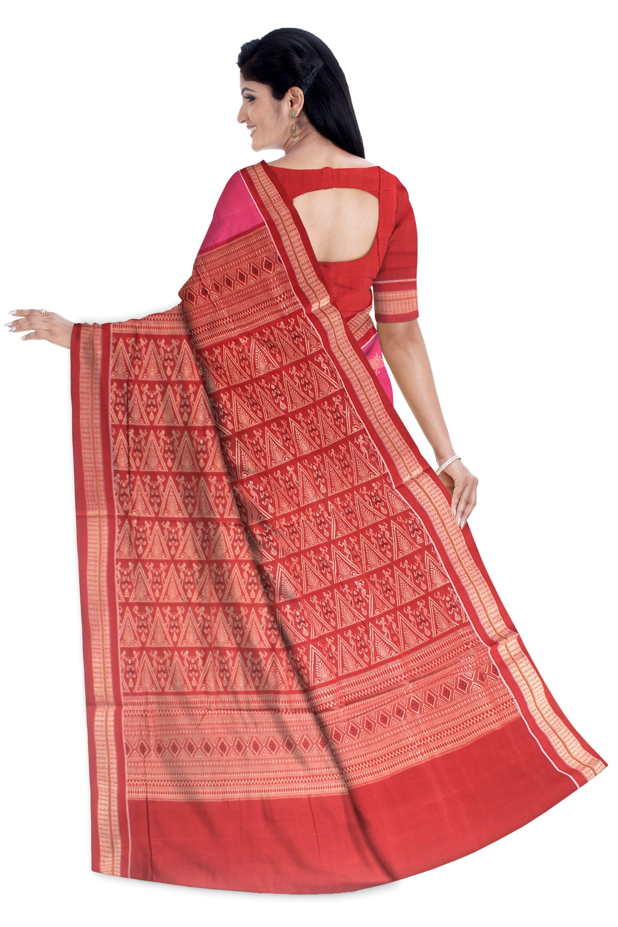 A sambalpuri Booty  work Bomkei cotton saree in pink and Red color  body with  blouse piece. - Koshali Arts & Crafts Enterprise