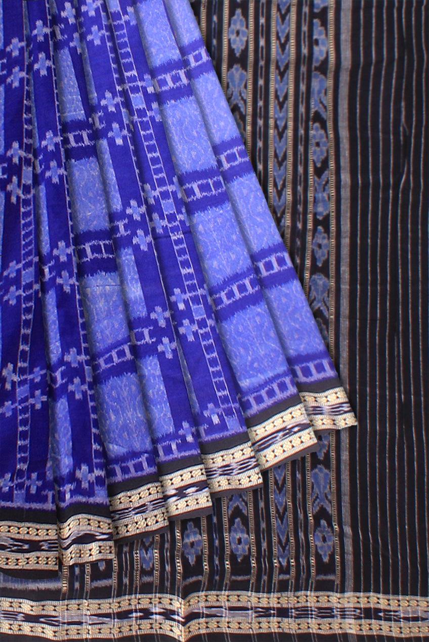 Sambalpuri Cotton Saree in Dark blue and sky Color in box  design with out blouse piece. - Koshali Arts & Crafts Enterprise