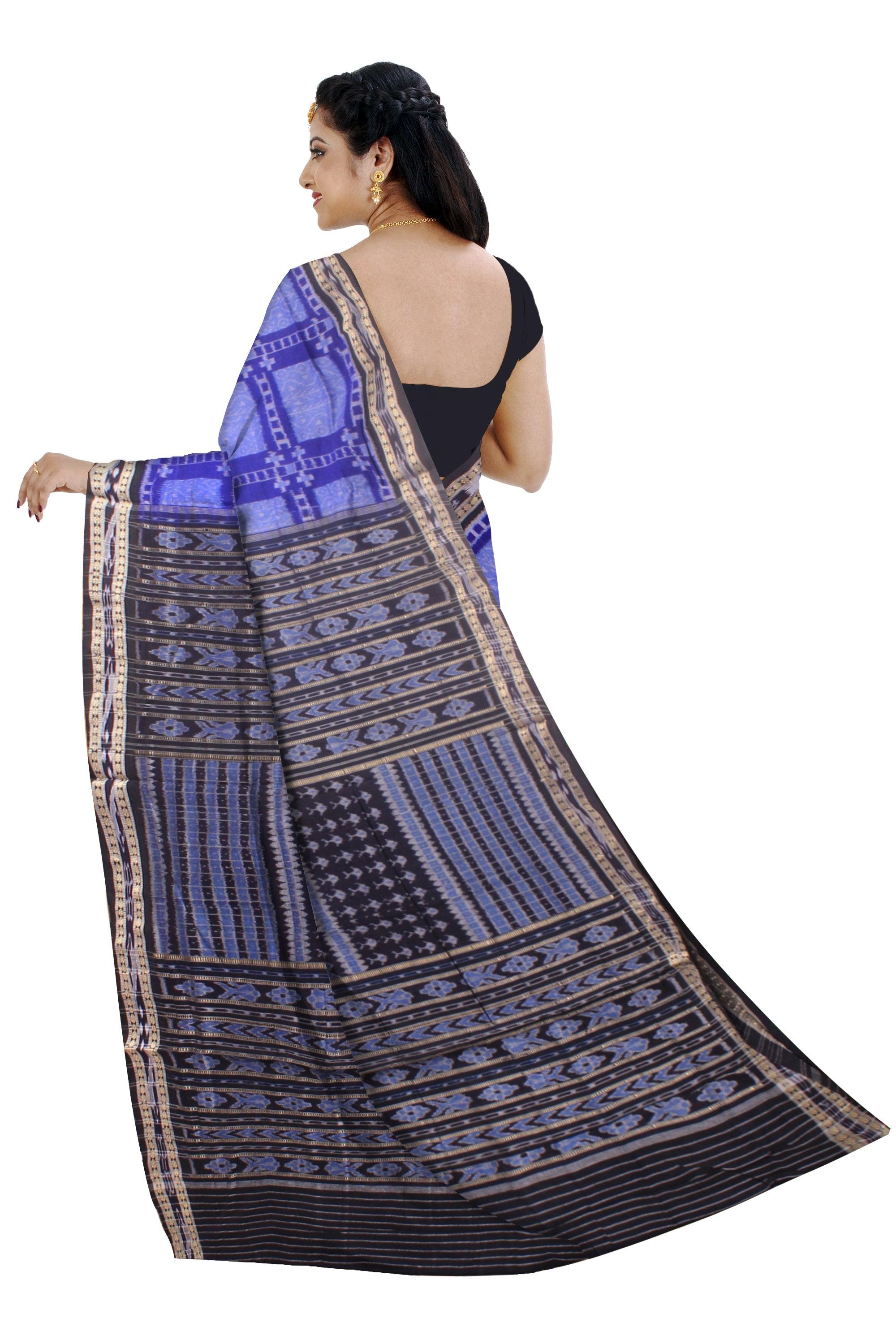 Sambalpuri Cotton Saree in Dark blue and sky Color in box  design with out blouse piece. - Koshali Arts & Crafts Enterprise