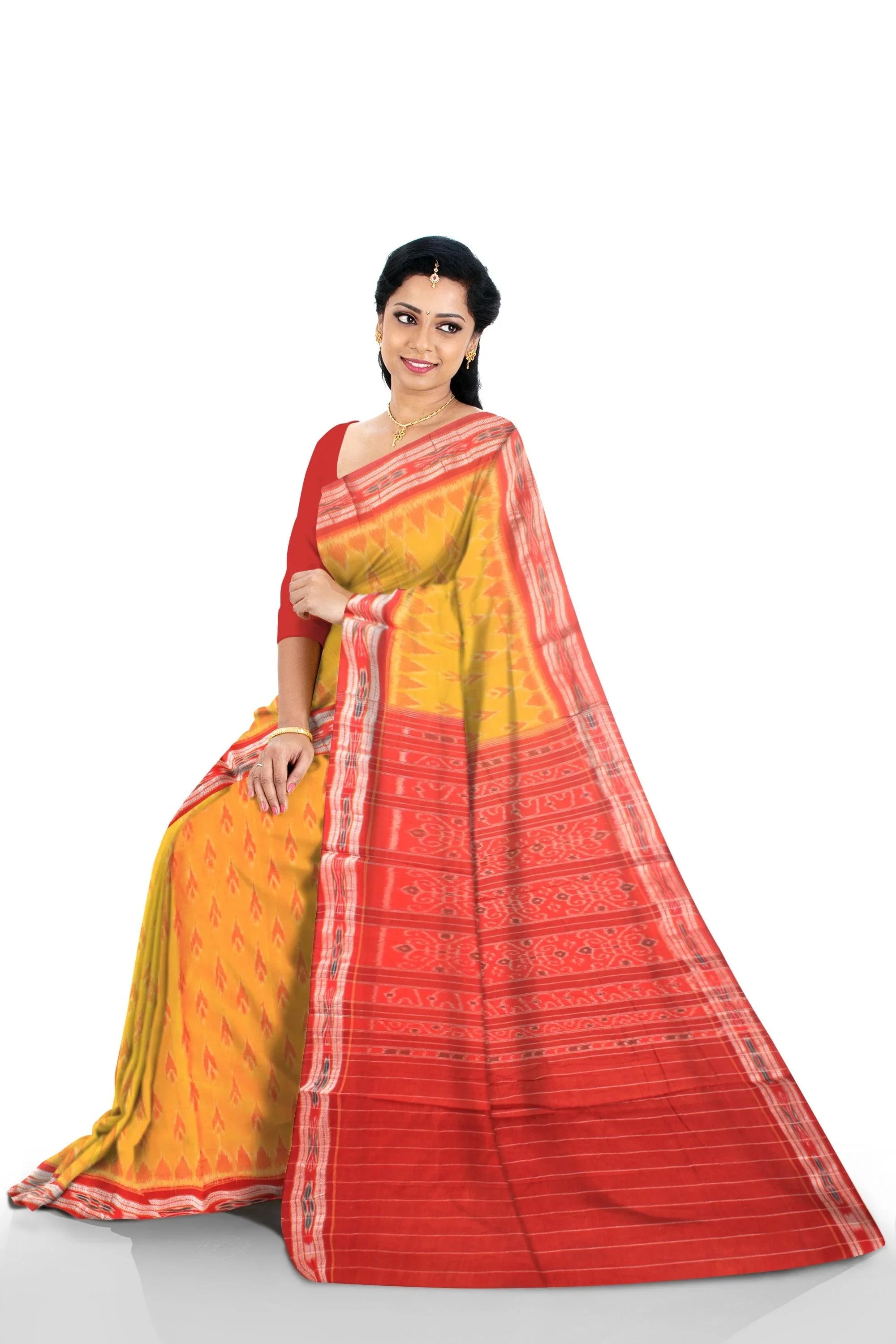 Yellow color  Sambalpuri  saree in terakota design  cotton saree with blouse piece. - Koshali Arts & Crafts Enterprise