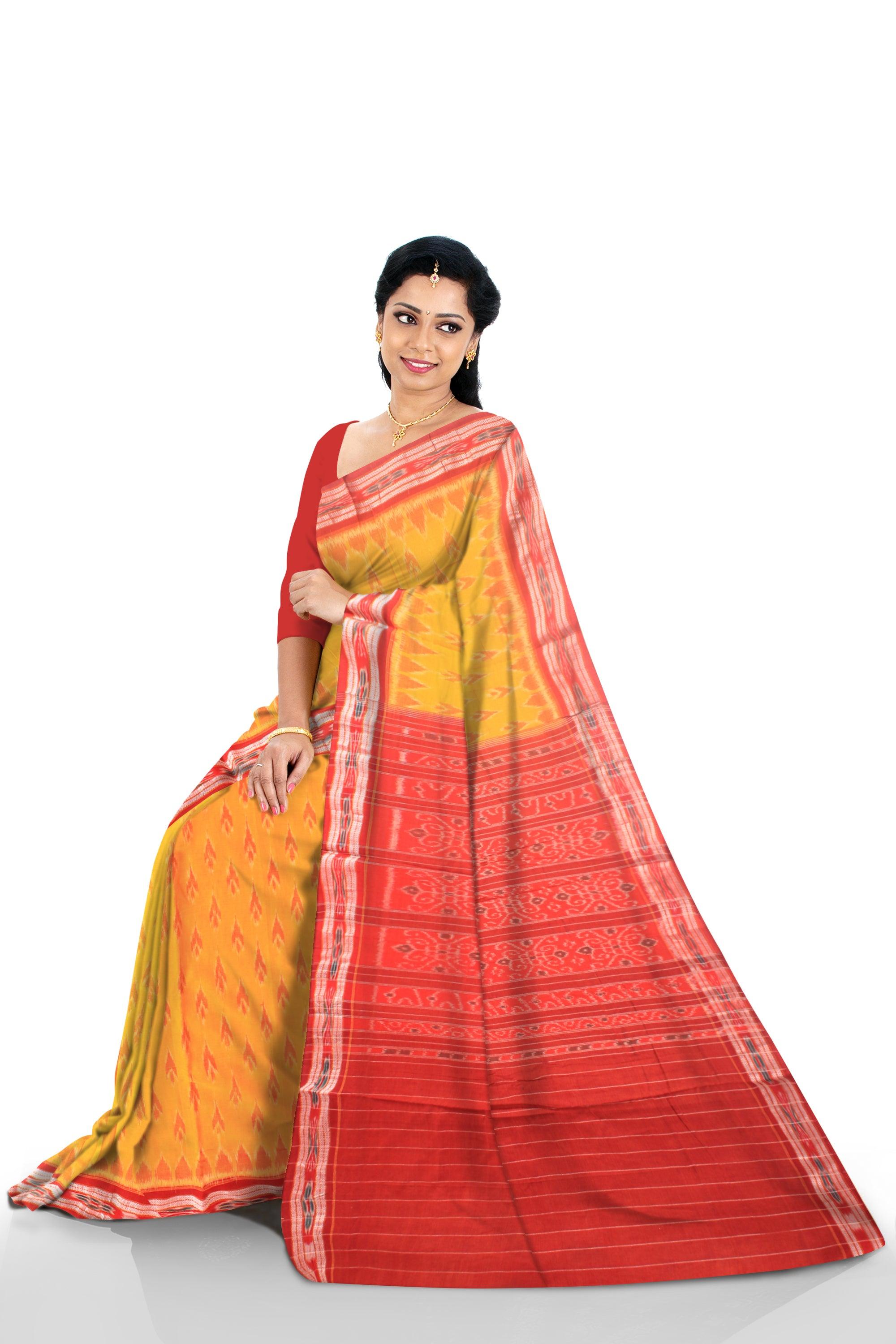 Yellow color  Sambalpuri  saree in terracotta design  cotton saree with out  blouse piece. - Koshali Arts & Crafts Enterprise