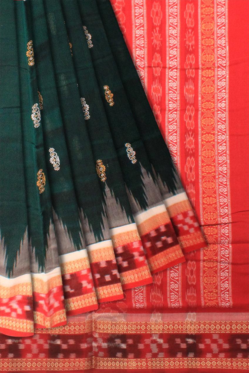 A SAMBALPURI COTTON SAREE IN DARK GREEN AND RED COLOR DHADISAPTA DESIGN,WITH BLOUSE PIECE. - Koshali Arts & Crafts Enterprise