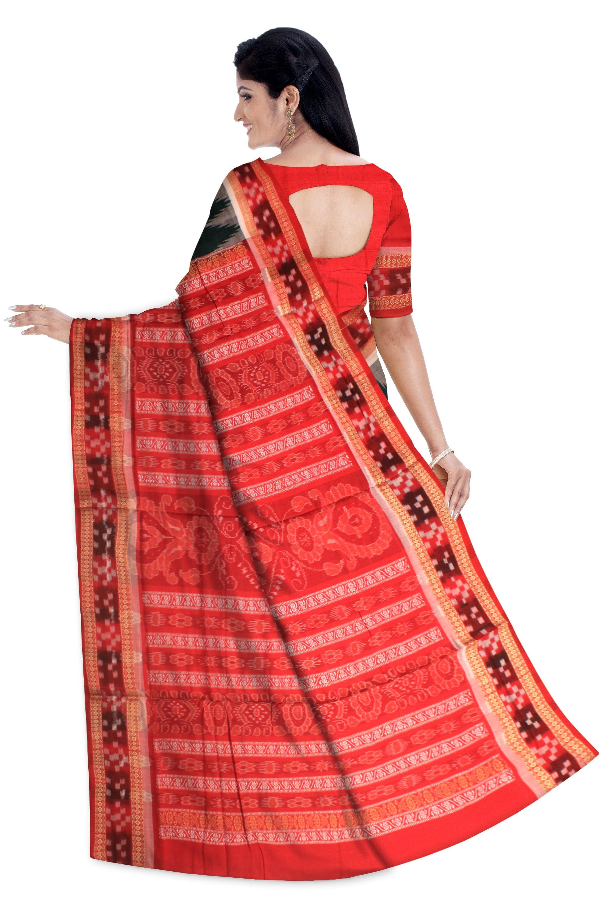 A SAMBALPURI COTTON SAREE IN DARK GREEN AND RED COLOR DHADISAPTA DESIGN,WITH BLOUSE PIECE. - Koshali Arts & Crafts Enterprise
