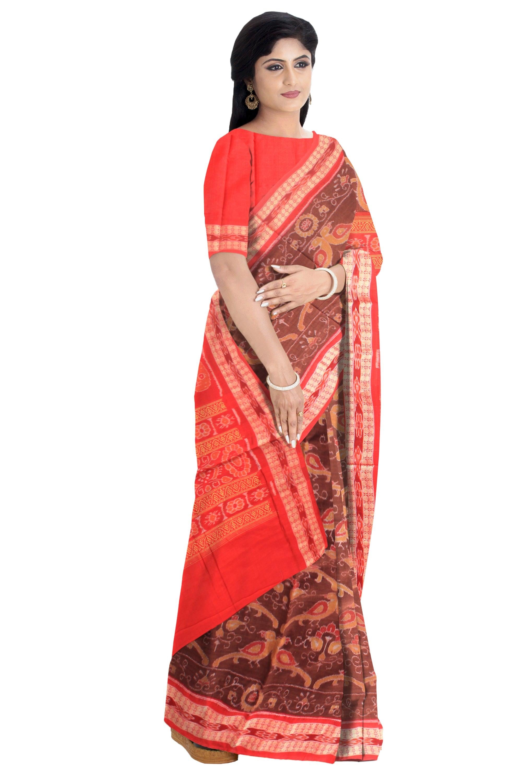 Authentic Cotton  saree in Brown and Red color, peacock design   With blouse piece. - Koshali Arts & Crafts Enterprise