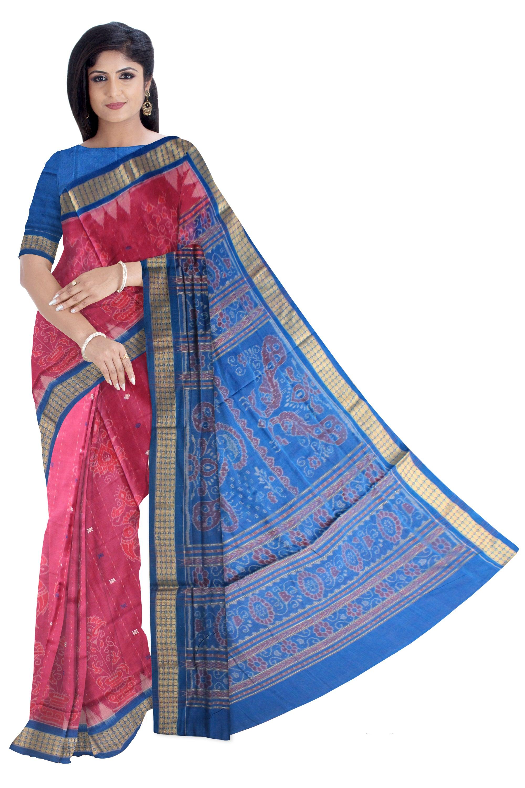 BLUE AND VIOLET RED MIX SAMBALPURI COTTON SAREE WITH BLOUSE PIECE. - Koshali Arts & Crafts Enterprise