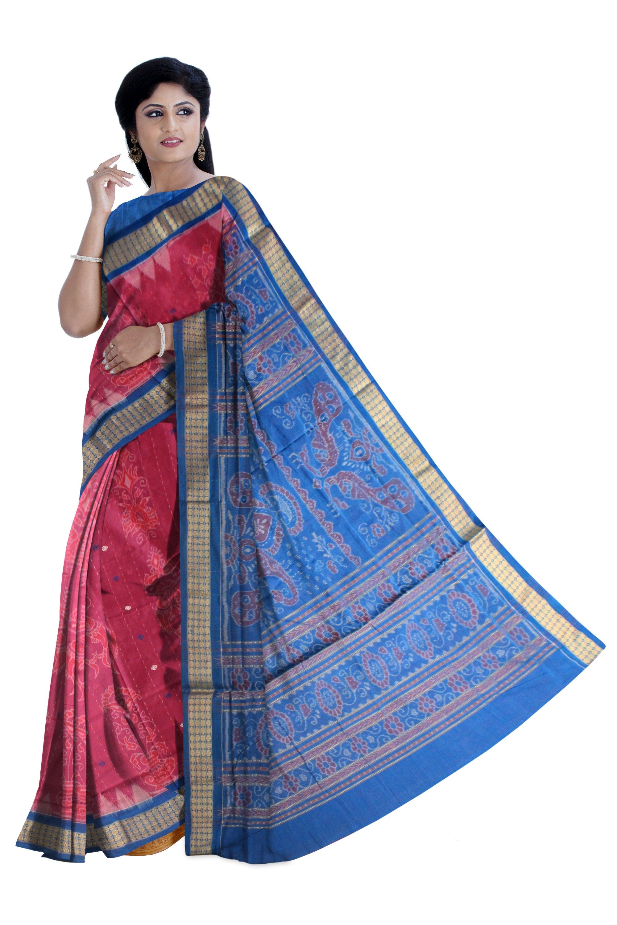 BLUE AND VIOLET RED MIX SAMBALPURI COTTON SAREE WITH BLOUSE PIECE. - Koshali Arts & Crafts Enterprise