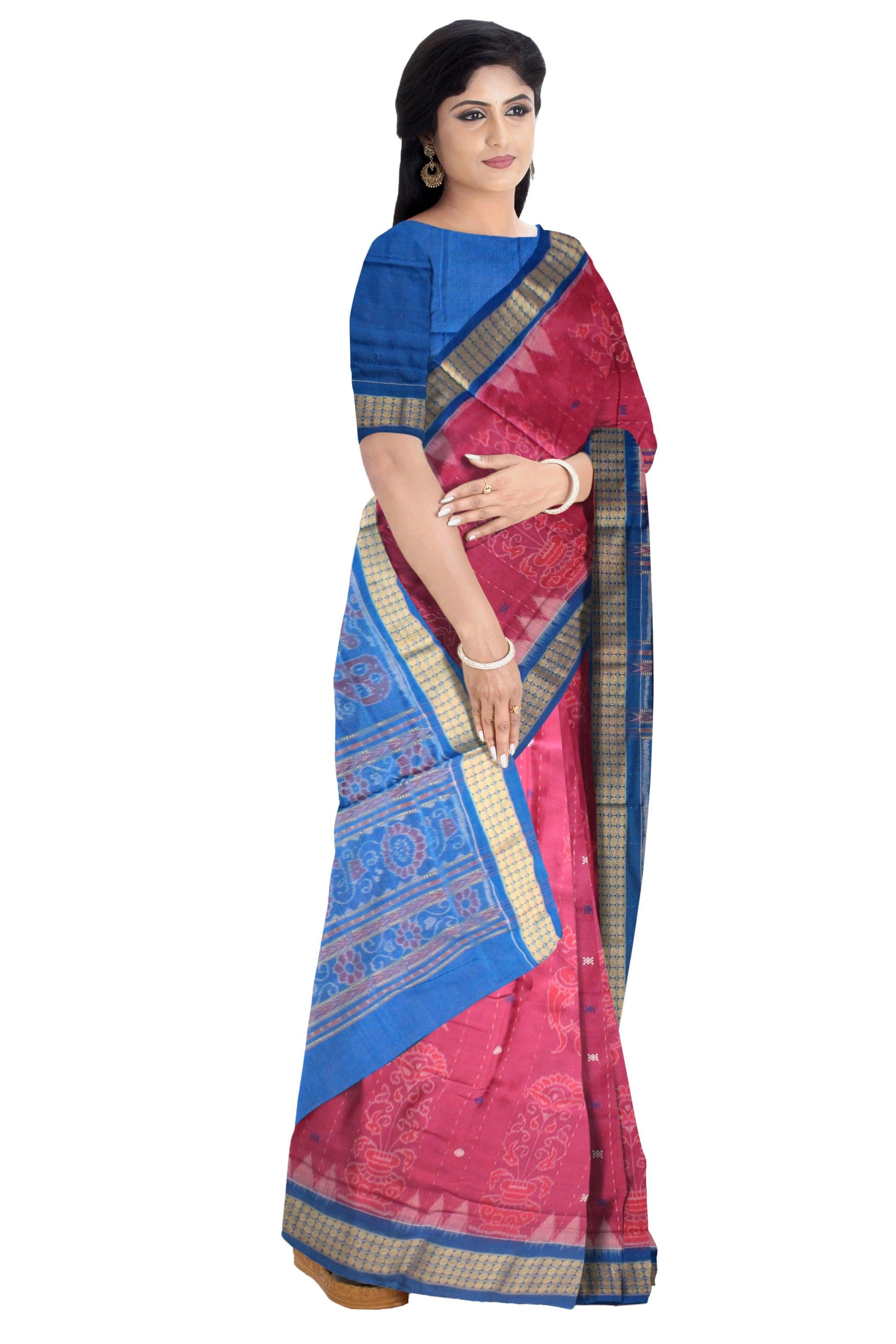 BLUE AND VIOLET RED MIX SAMBALPURI COTTON SAREE WITH BLOUSE PIECE. - Koshali Arts & Crafts Enterprise