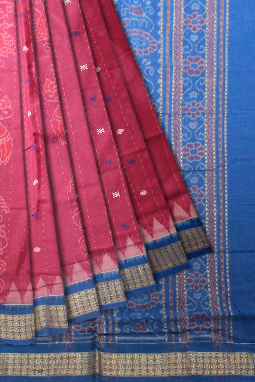 BLUE AND VIOLET RED MIX SAMBALPURI COTTON SAREE WITH BLOUSE PIECE. - Koshali Arts & Crafts Enterprise