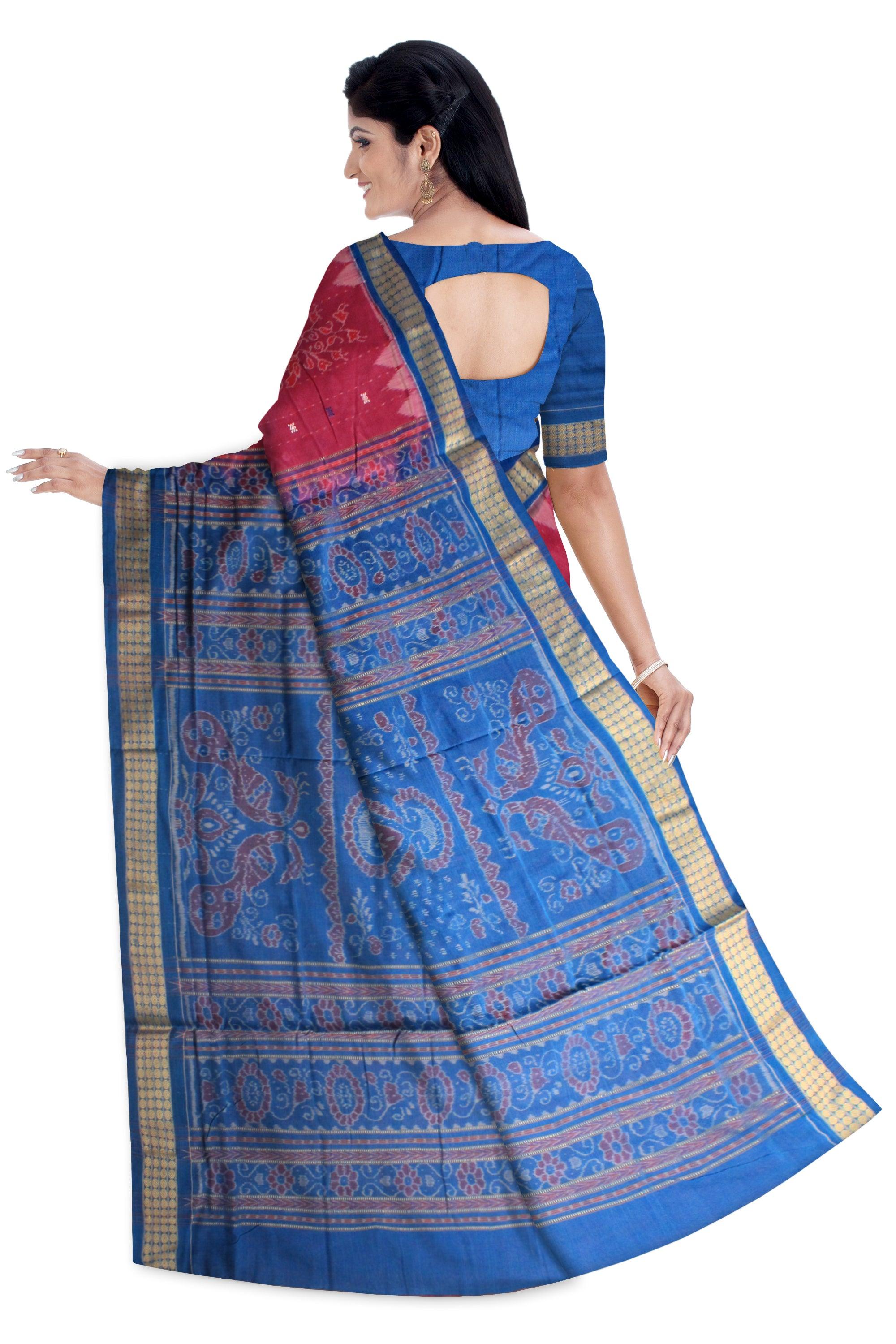BLUE AND VIOLET RED MIX SAMBALPURI COTTON SAREE WITH BLOUSE PIECE. - Koshali Arts & Crafts Enterprise