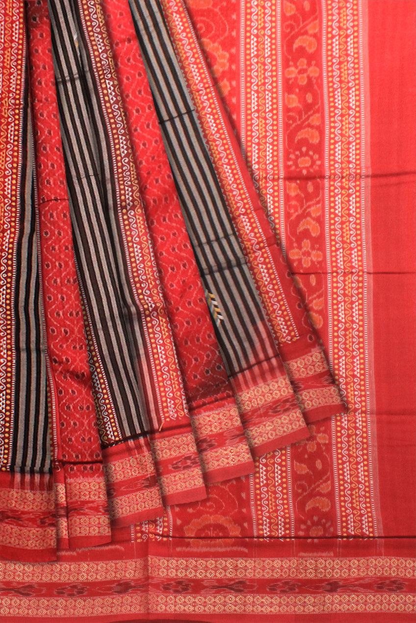 Sambalpuri MAYURA PRINT RED AND BLACK COLOR COTTON  SAREE WITH BLOUSE PIECE. - Koshali Arts & Crafts Enterprise