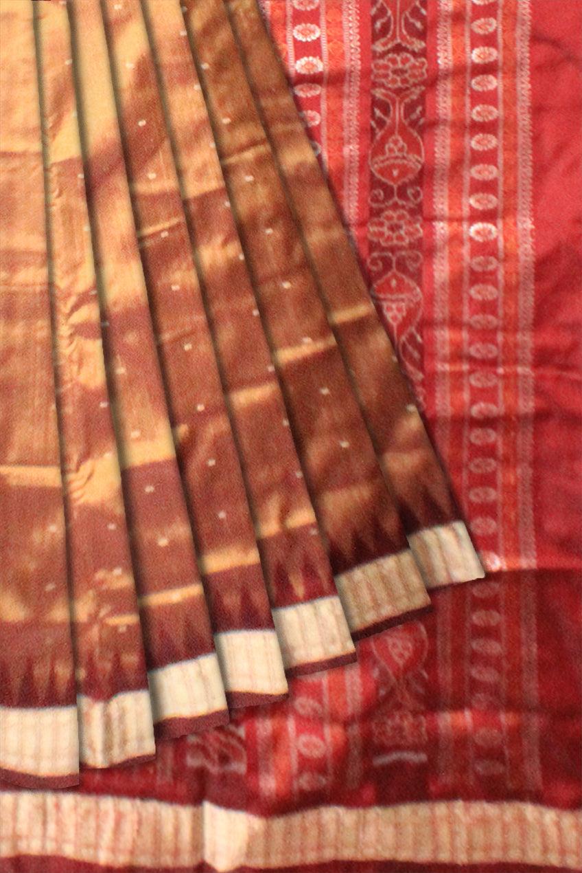 A sambalpuri pata saree in  golden and maroon color base ,  with blouse piece. - Koshali Arts & Crafts Enterprise