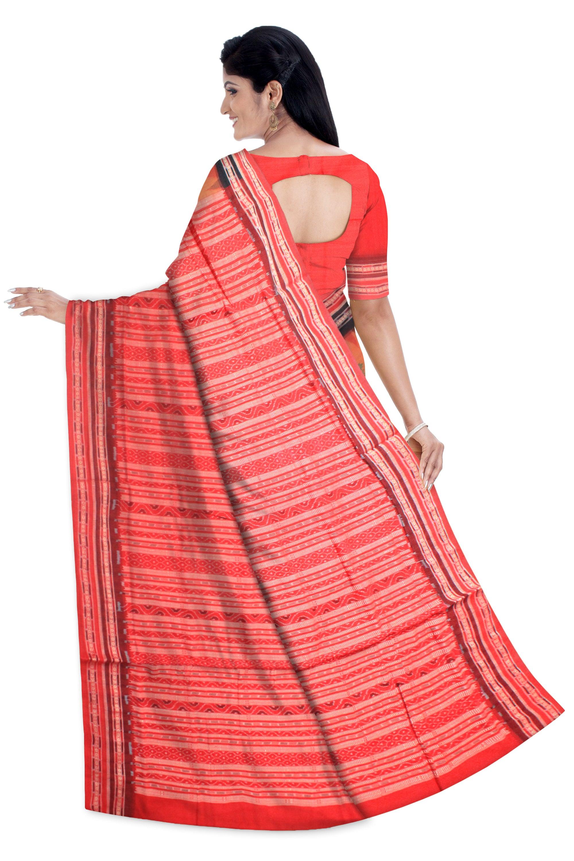 A sambalpuri cotton saree in light orange and red  color base , with blouse piece. - Koshali Arts & Crafts Enterprise