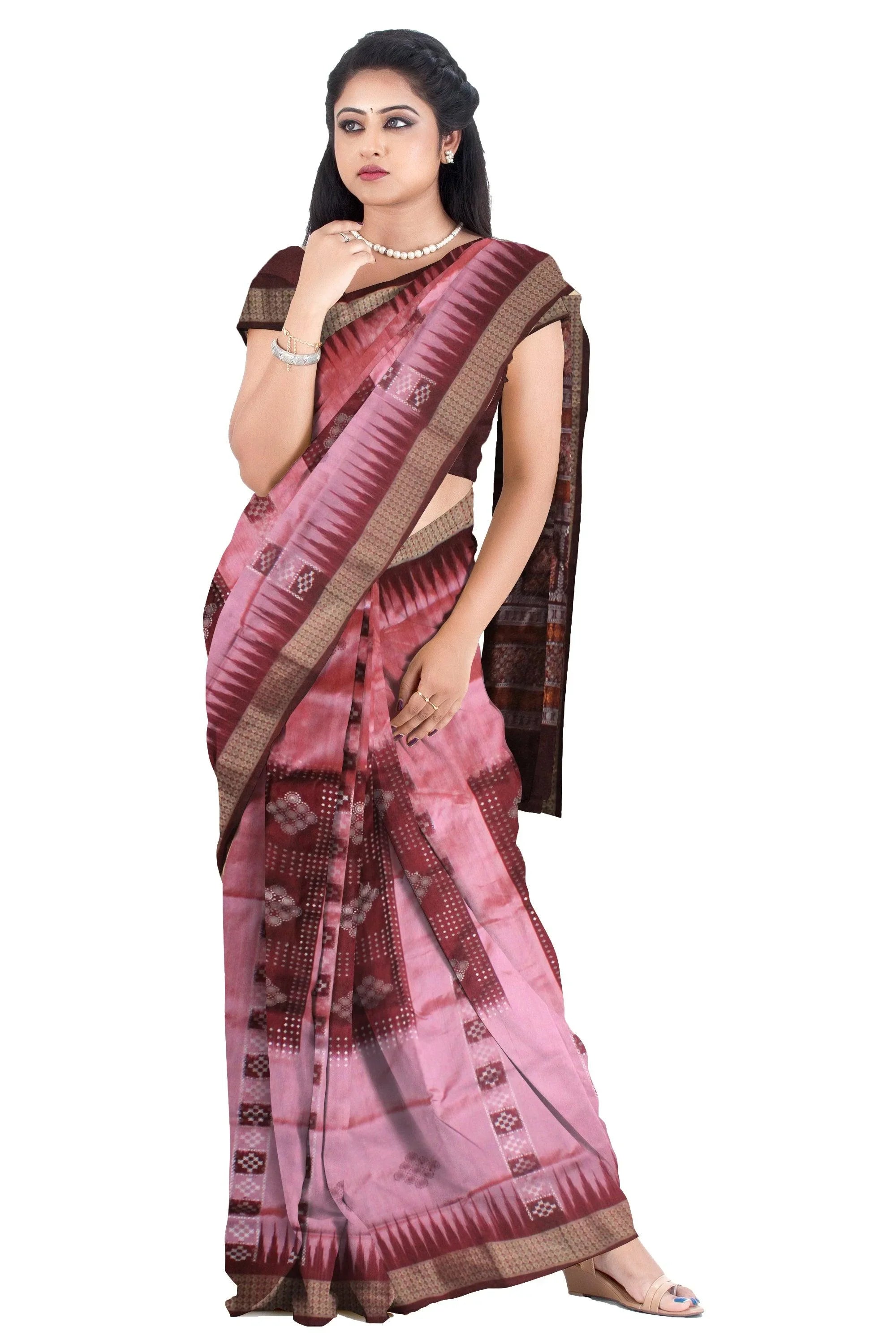 pink and brown color sambalpuri pata, with blouse piece. - Koshali Arts & Crafts Enterprise