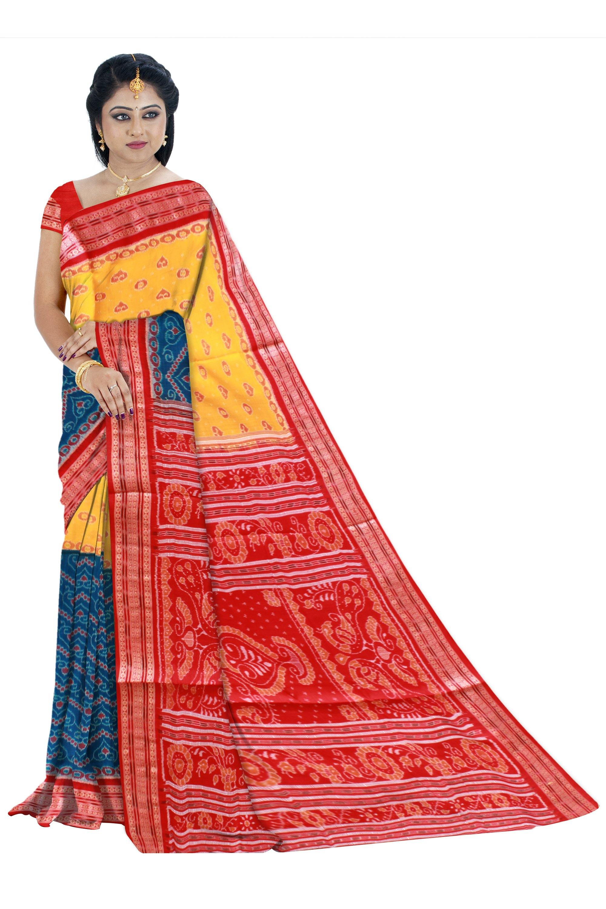 2D design Heart print Sambalpuri saree in Blue and yellow Color With blouse piece. - Koshali Arts & Crafts Enterprise