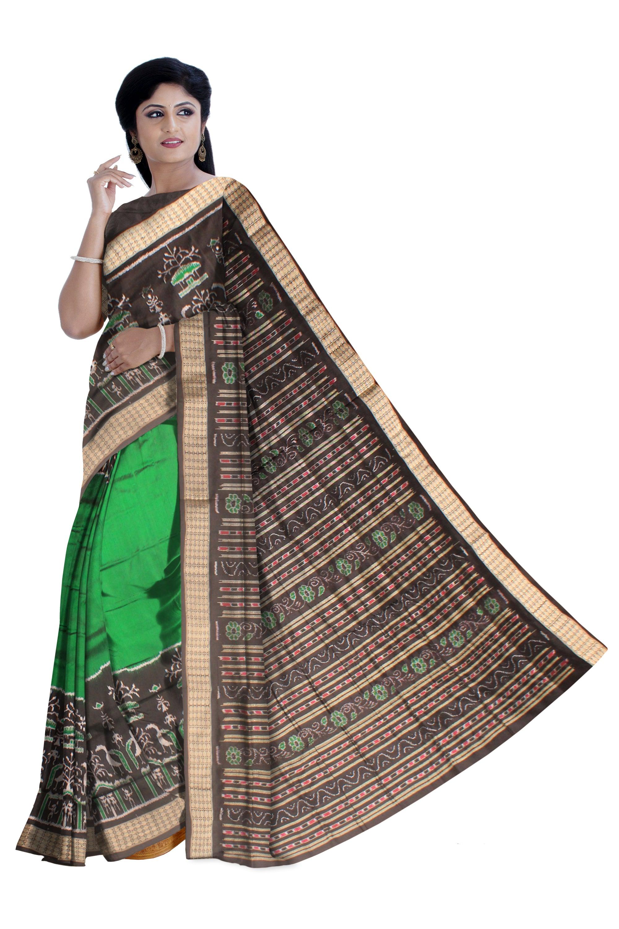 GREEN AND BLACK HAND WOVEN PATA SAREE WITH BLOUSE - Koshali Arts & Crafts Enterprise