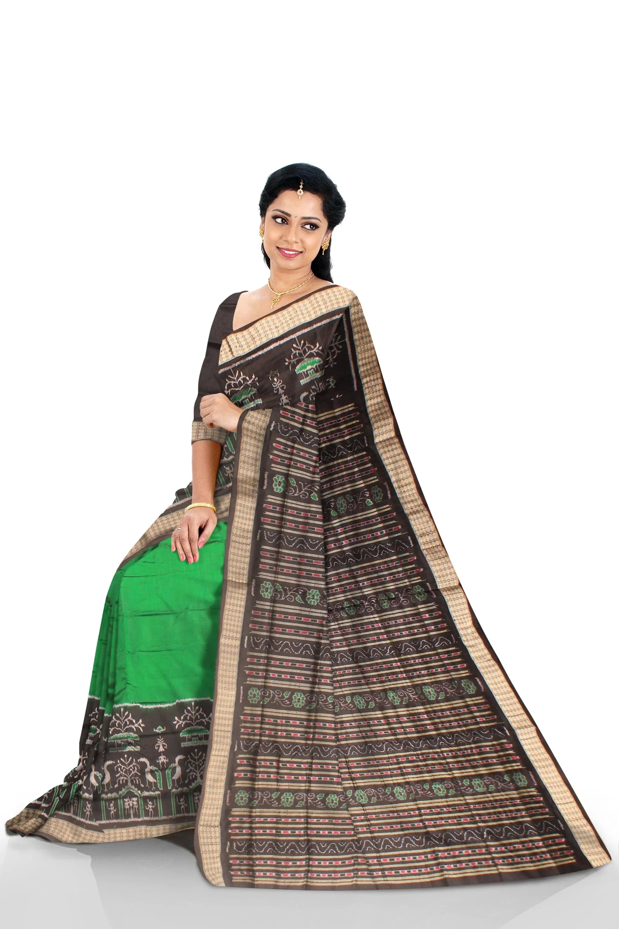 GREEN AND BLACK HAND WOVEN PATA SAREE WITH BLOUSE - Koshali Arts & Crafts Enterprise