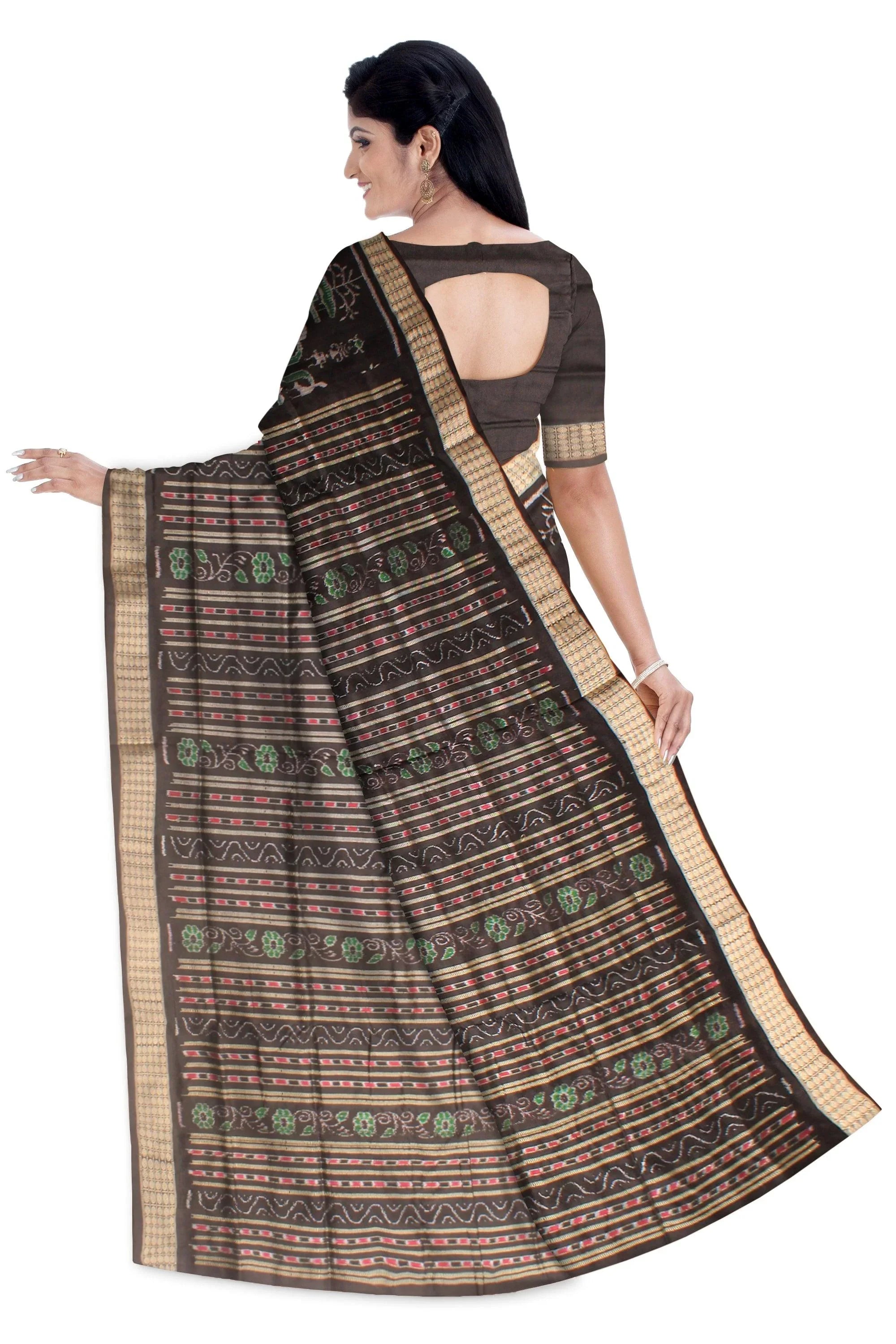 GREEN AND BLACK HAND WOVEN PATA SAREE WITH BLOUSE - Koshali Arts & Crafts Enterprise