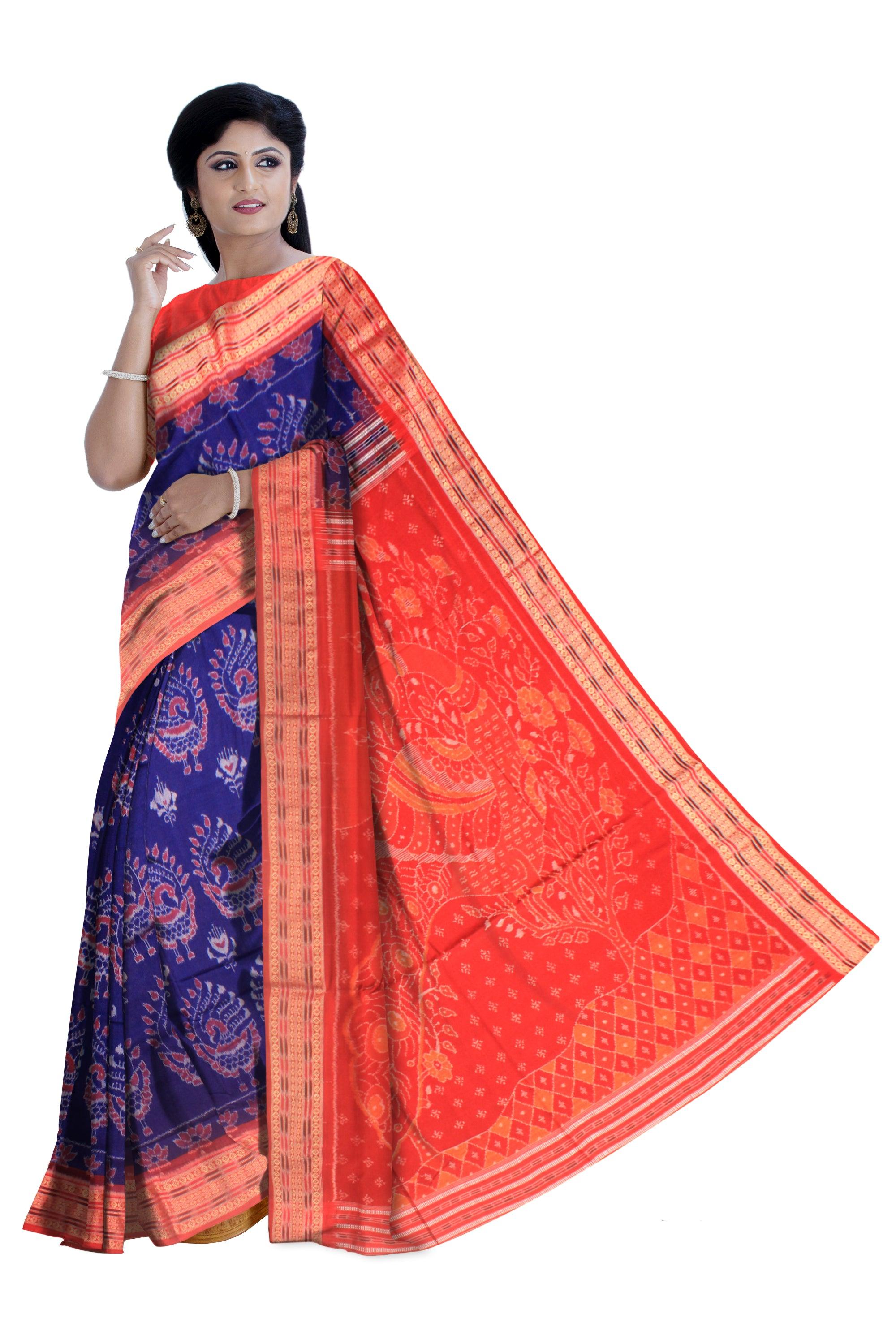 Mayuri Design Sambalpuri cotton saree in Blue color with blouse piece. - Koshali Arts & Crafts Enterprise