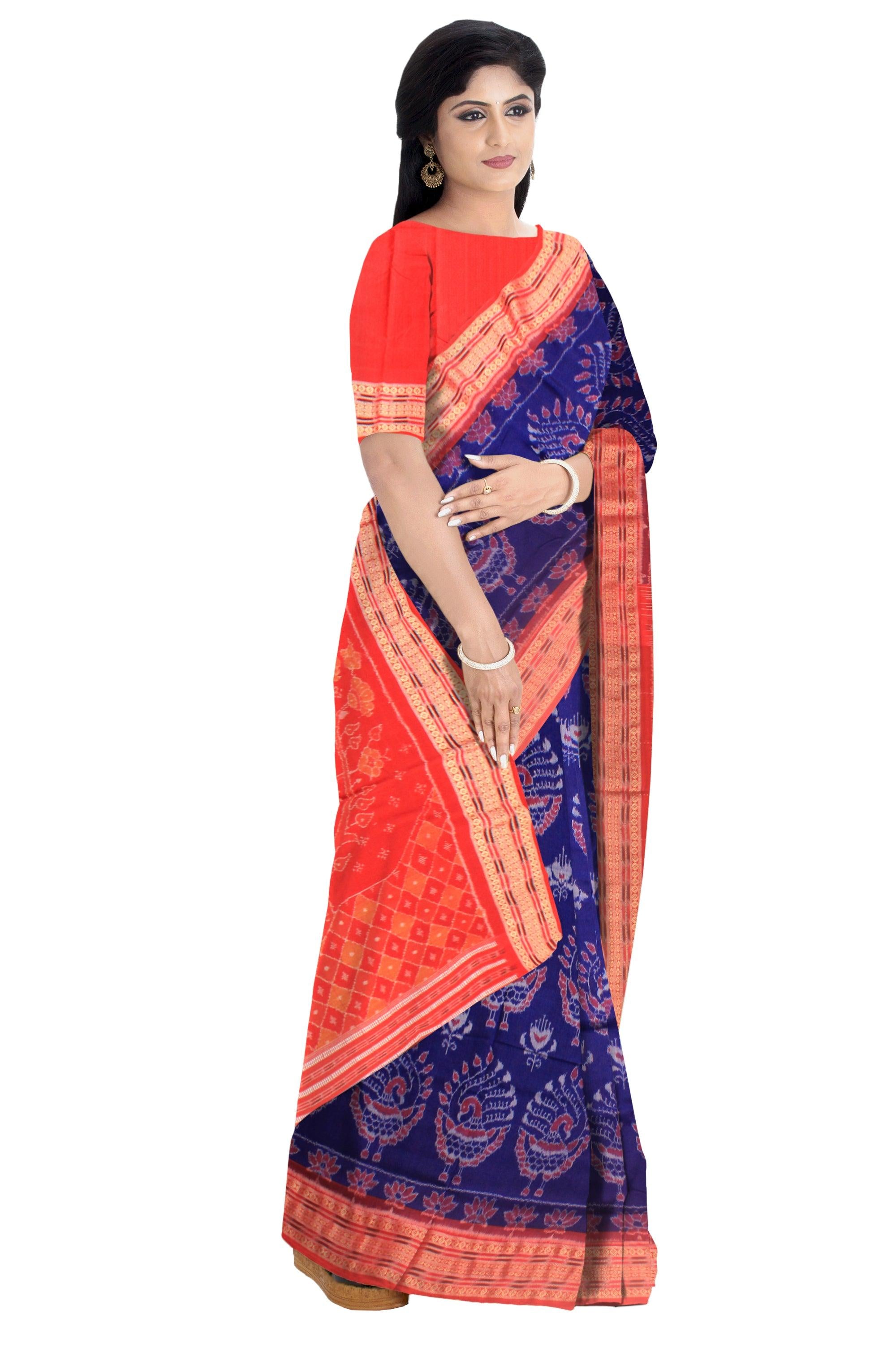 Mayuri Design Sambalpuri cotton saree in Blue color with blouse piece. - Koshali Arts & Crafts Enterprise