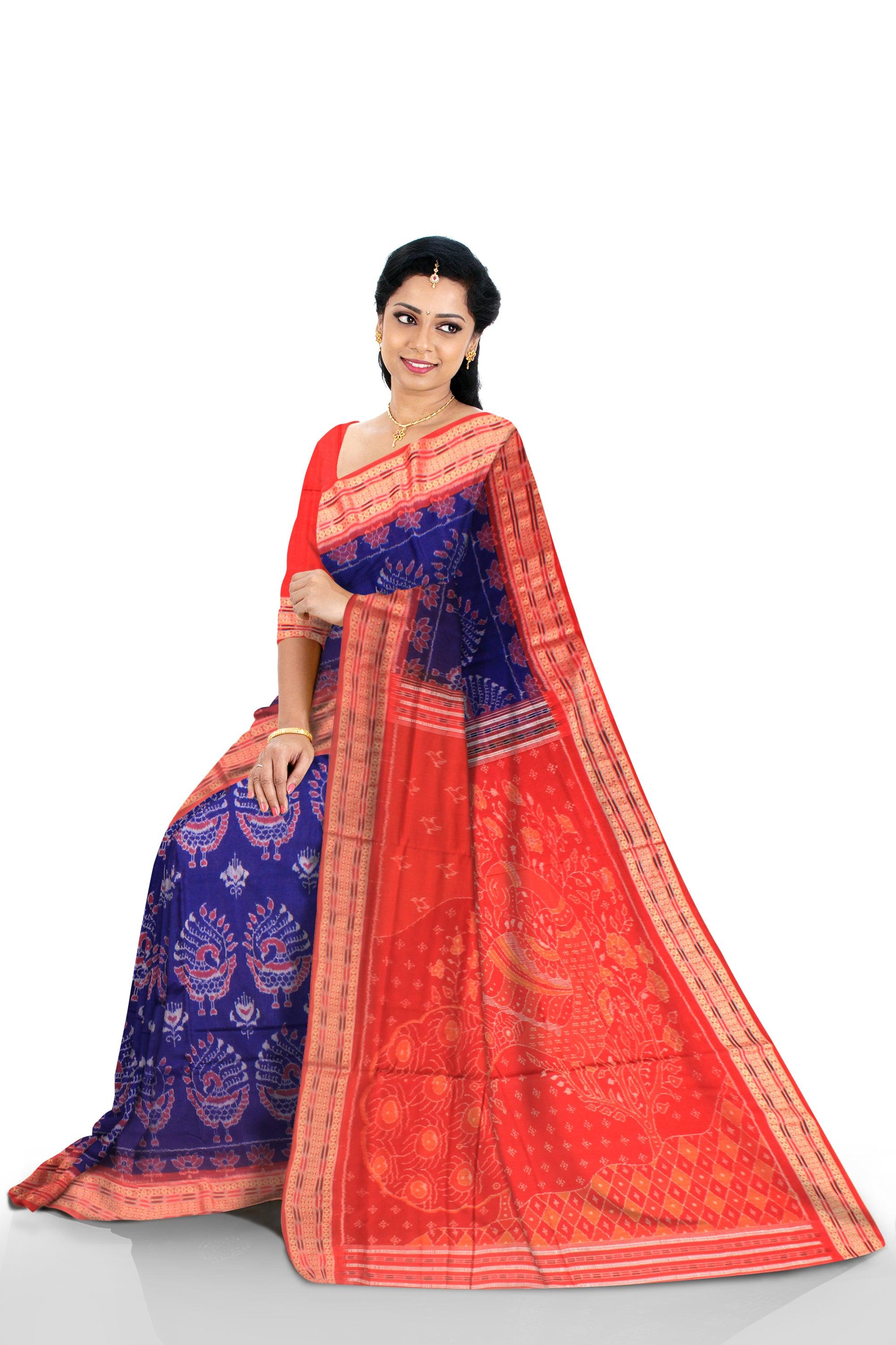 Mayuri Design Sambalpuri cotton saree in Blue color with blouse piece. - Koshali Arts & Crafts Enterprise