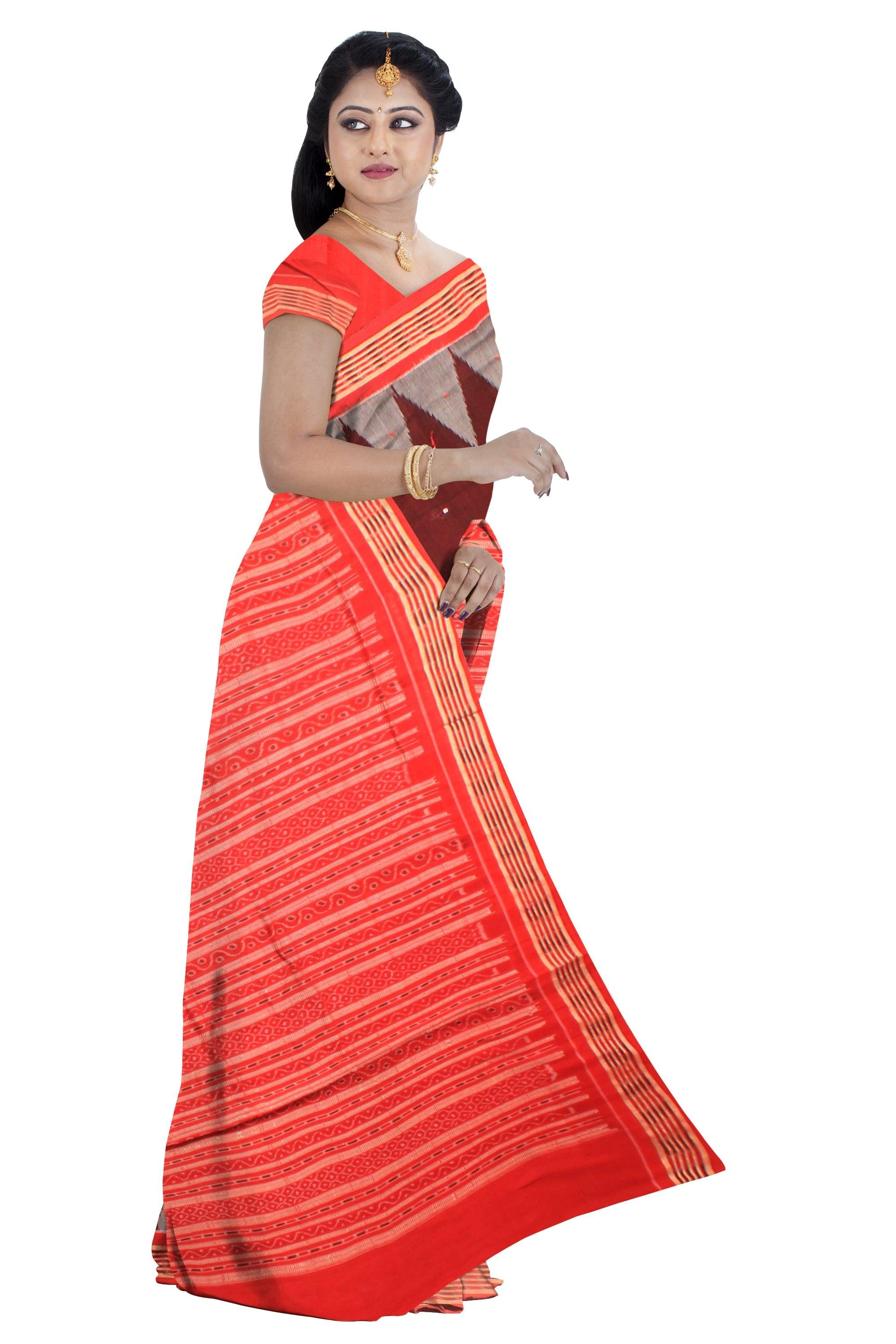 Coffee color Sambalpuri cotton saree in booty design, with blouse piece. - Koshali Arts & Crafts Enterprise