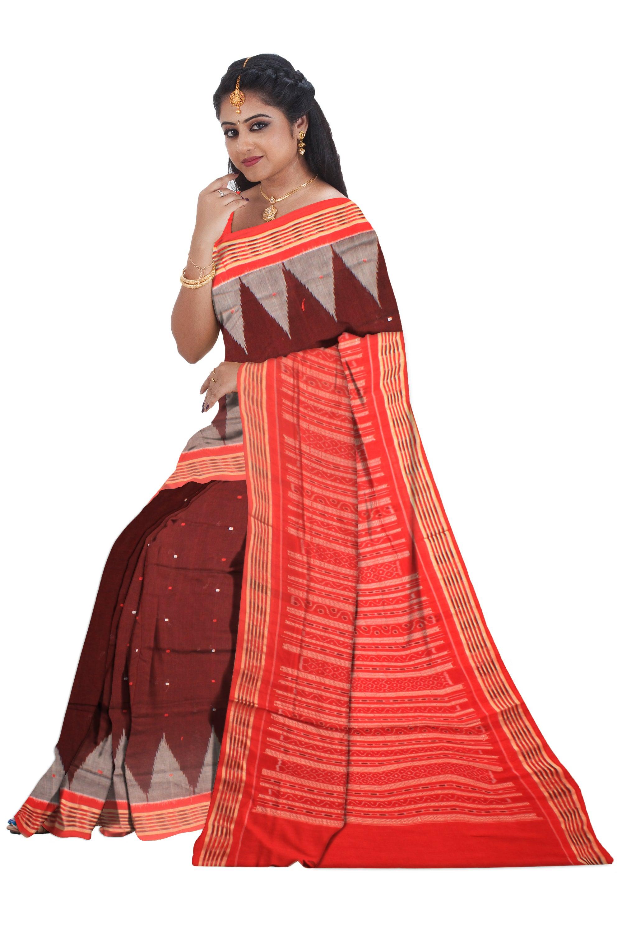 Coffee color Sambalpuri cotton saree in booty design, with blouse piece. - Koshali Arts & Crafts Enterprise